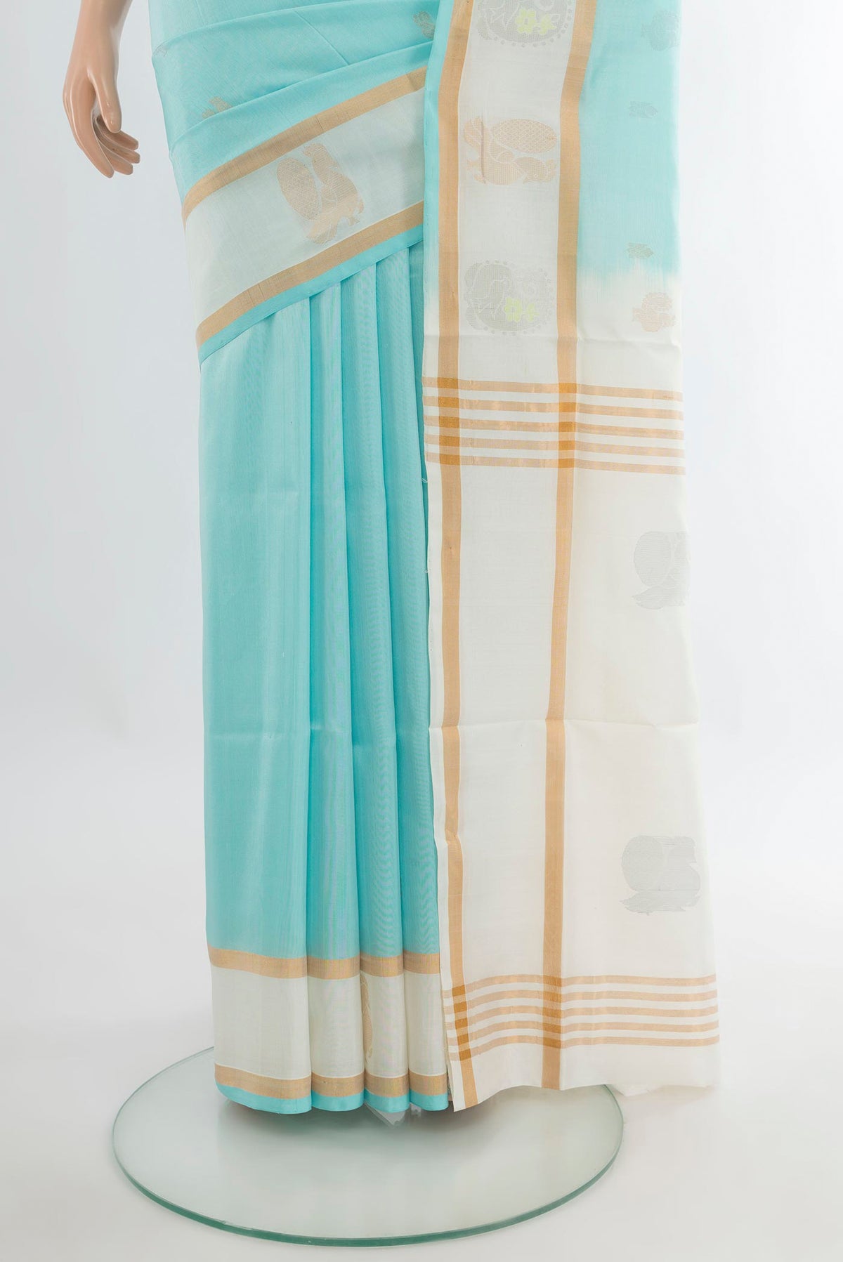 Pleats and pallu of Pure Silk Mint Green Uppada Saree with Zari Butta on the body and Plain Border. 