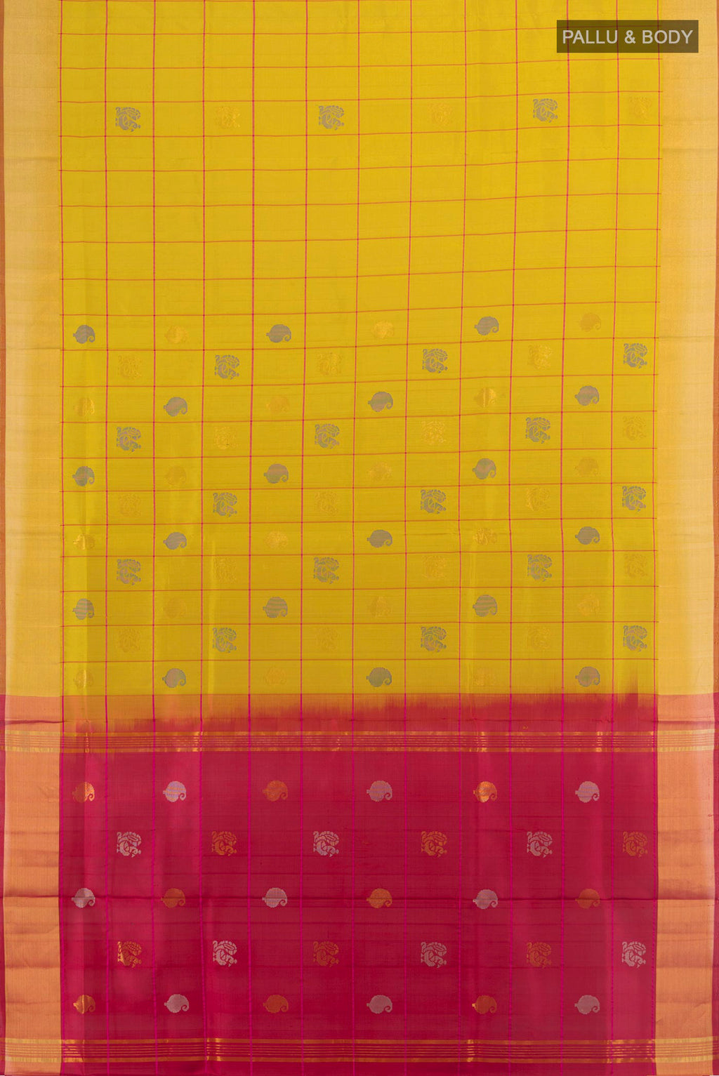 Flat view of Pure Silk Mustard Uppada Saree with Checked design on the body and Zari Border. 