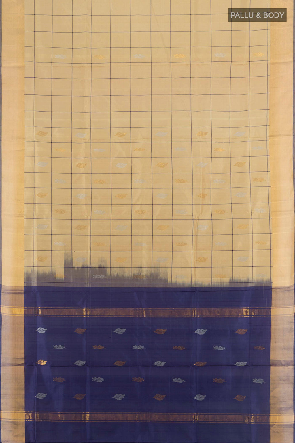 Flat view of Pure Silk Beige Uppada Saree with Checked design on the body and Zari Border. 