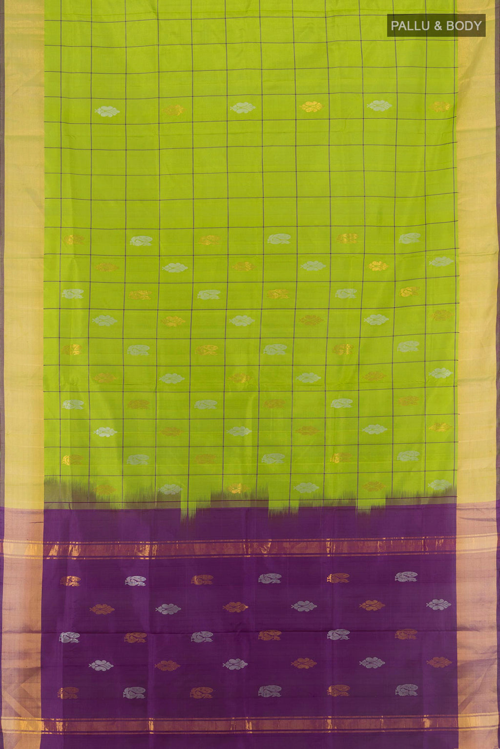 Flat view of Pure Silk Light Green Uppada Saree with Checked design on the body and Zari Border. 
