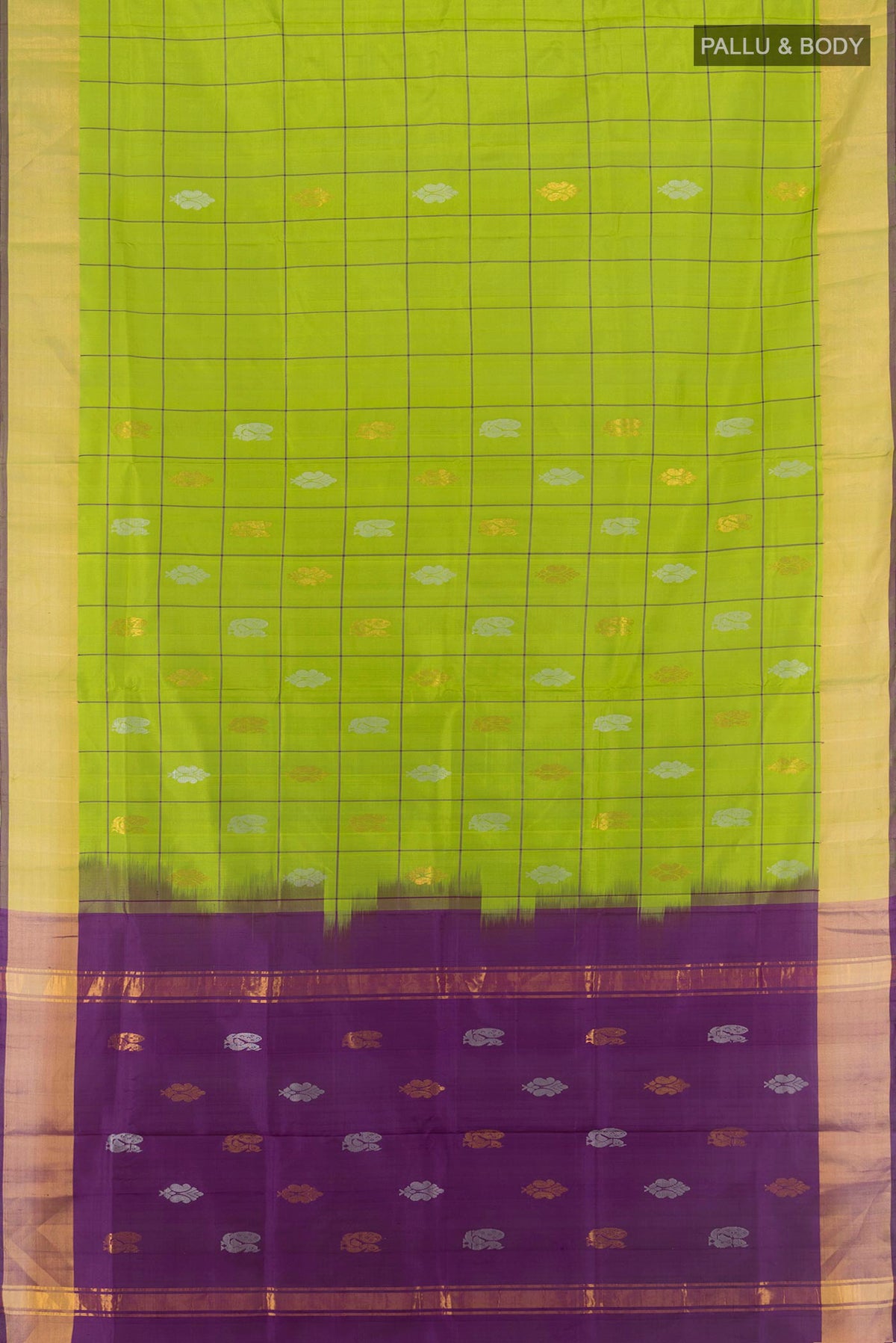 Flat view of Pure Silk Light Green Uppada Saree with Checked design on the body and Zari Border. 