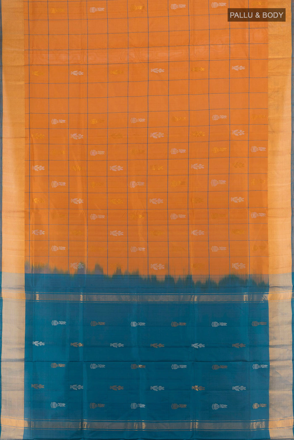 Flat view of Pure Silk Rust Uppada Saree with Checked design on the body and Zari Border. 