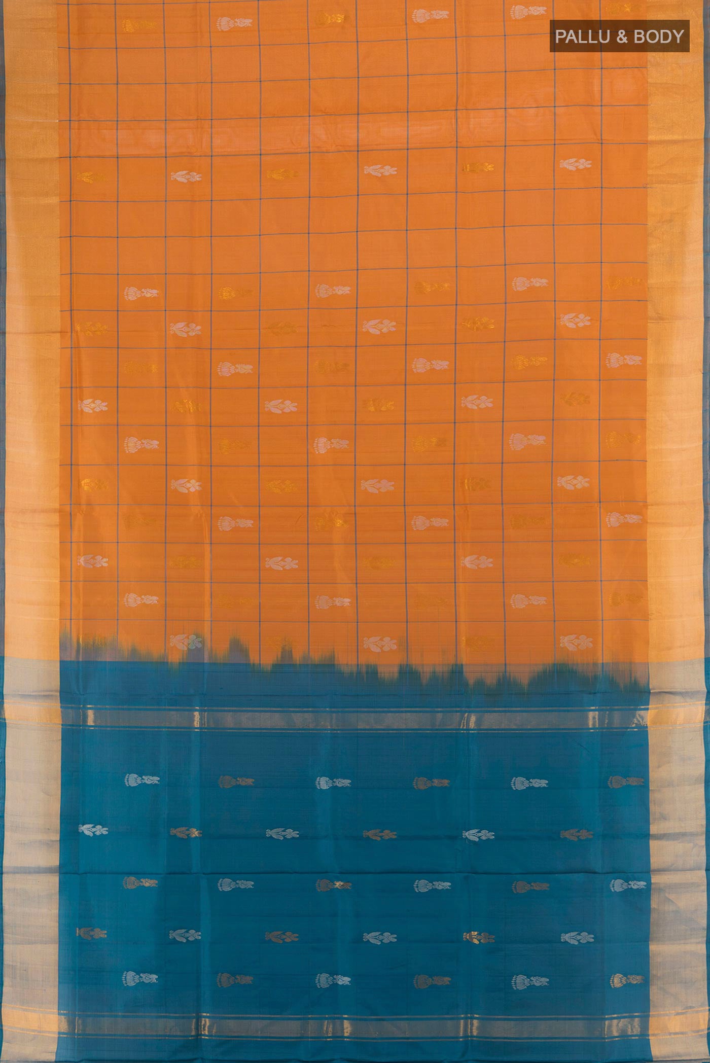 Flat view of Pure Silk Rust Uppada Saree with Checked design on the body and Zari Border. 