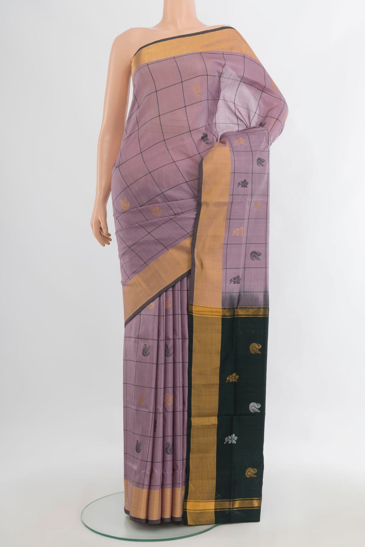 Pure Silk Rose Gold Uppada Saree with Zari Butta on the body and Zari Border.  displayed on a mannequin