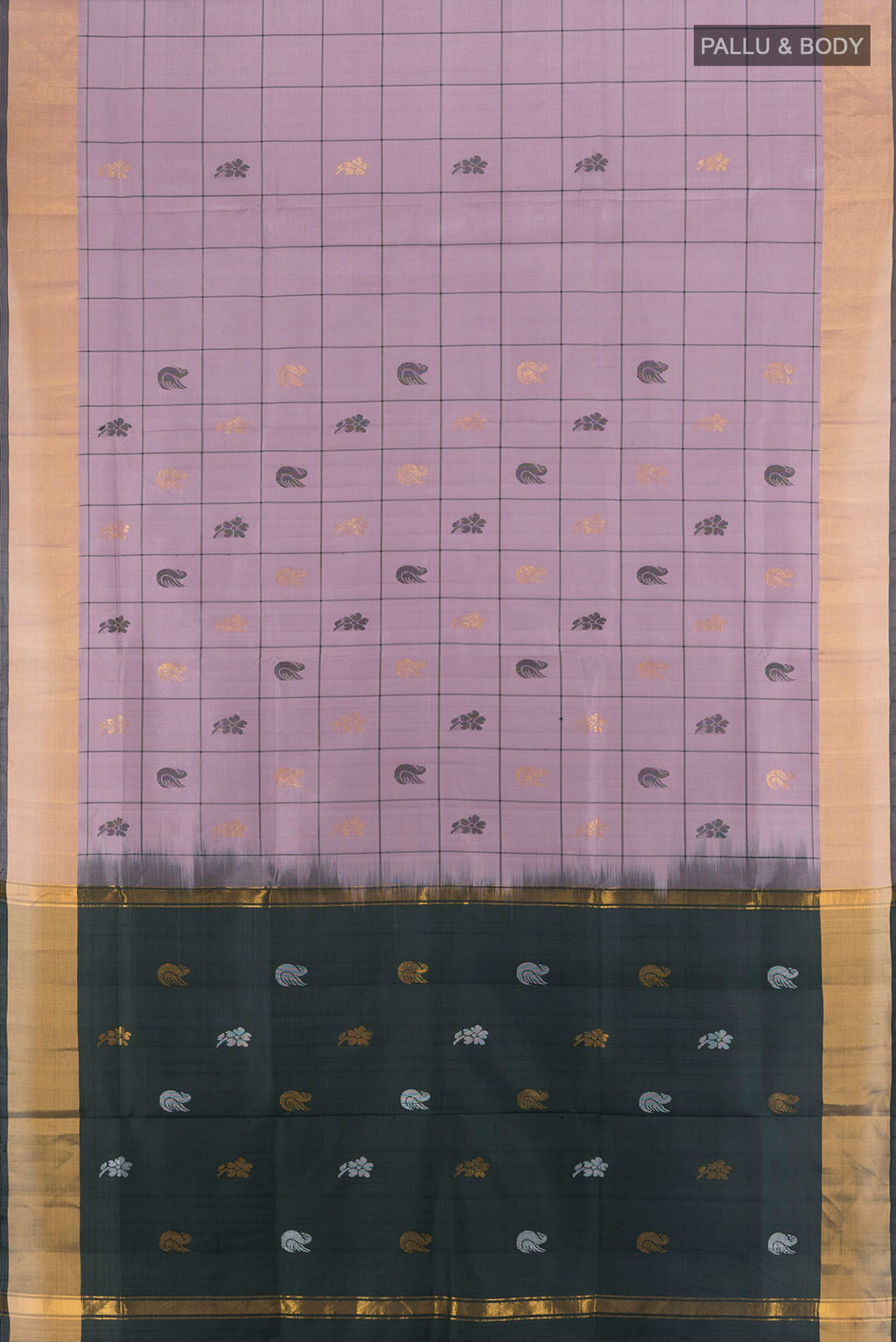 Flat view of Pure Silk Rose Gold Uppada Saree with Zari Butta on the body and Zari Border. 
