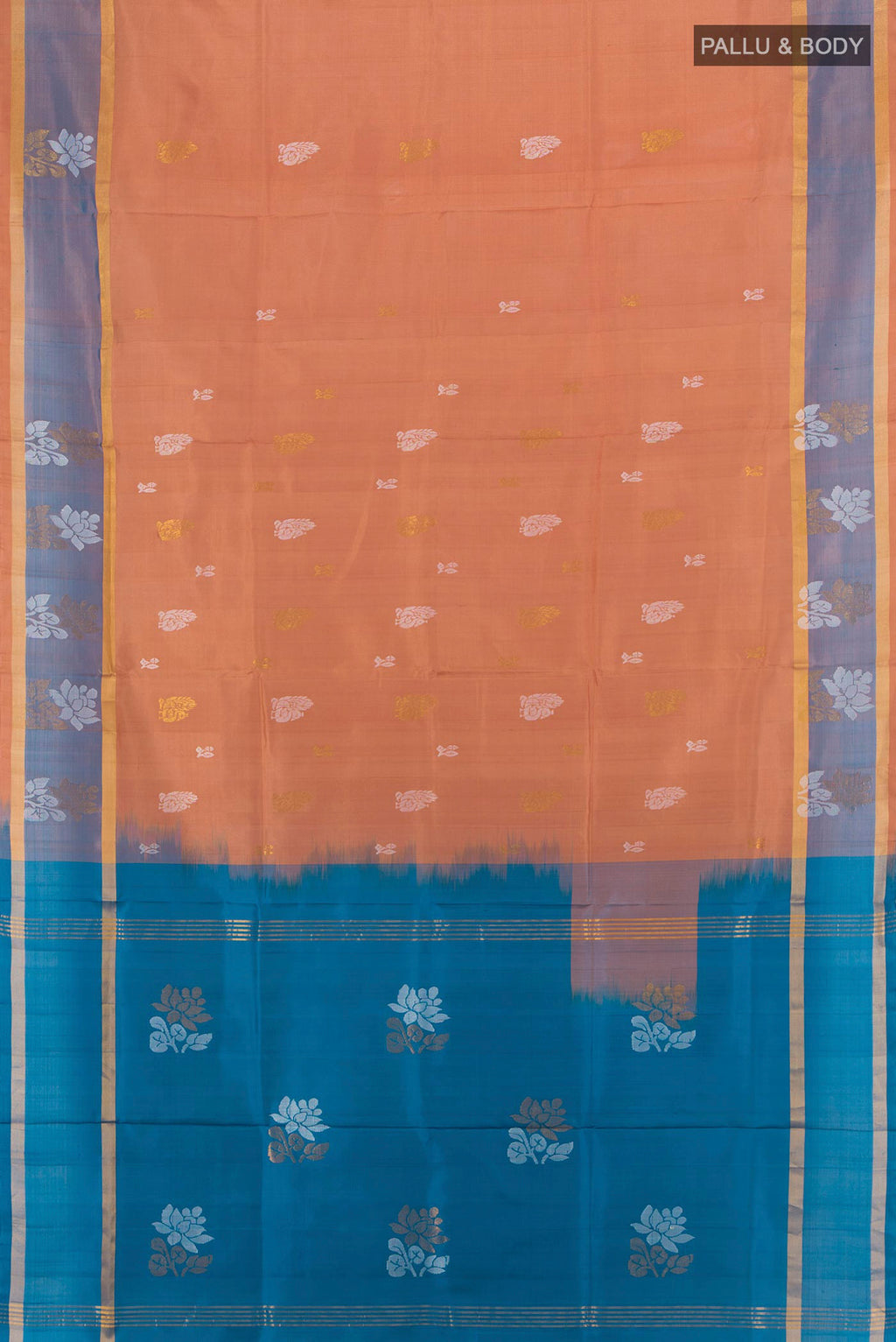 Flat view of Pure Silk Peach Uppada Saree with Zari Butta on the body and Zari Border. 