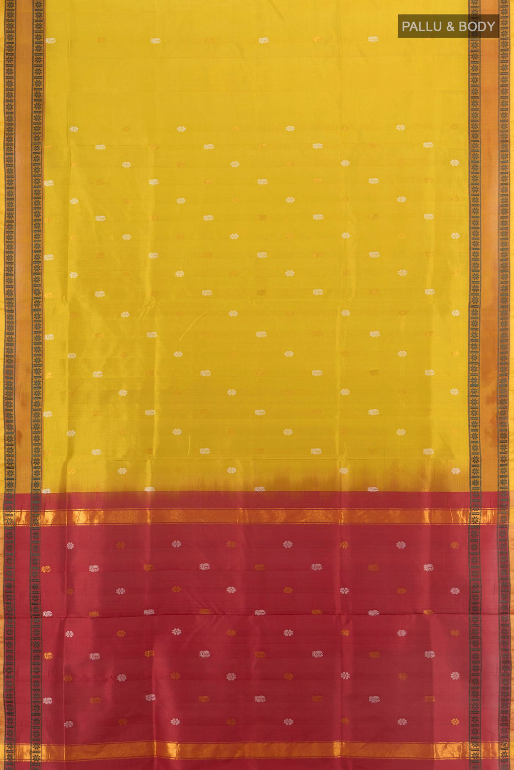 Flat view of Pure Silk Yellow Uppada Saree with Thread Butta on the body and Thread Border. 