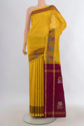 Pure Silk Yellow Uppada Saree with Plain Body and Zari Border.  displayed on a mannequin