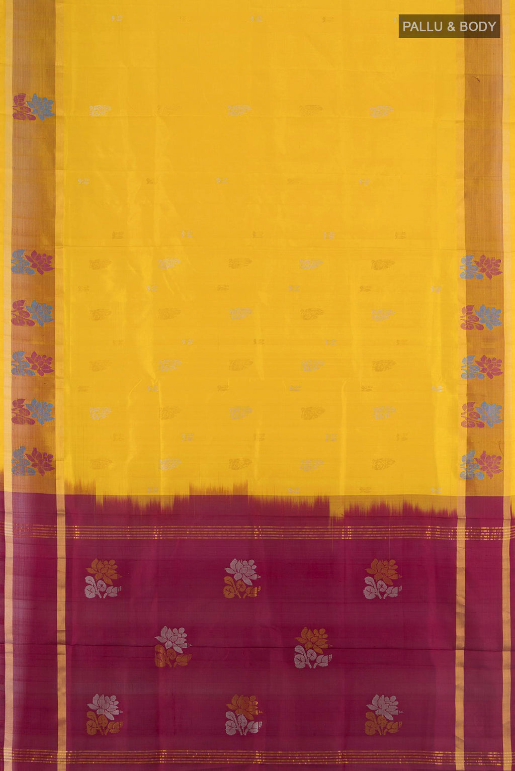 Flat view of Pure Silk Yellow Uppada Saree with Plain Body and Zari Border. 