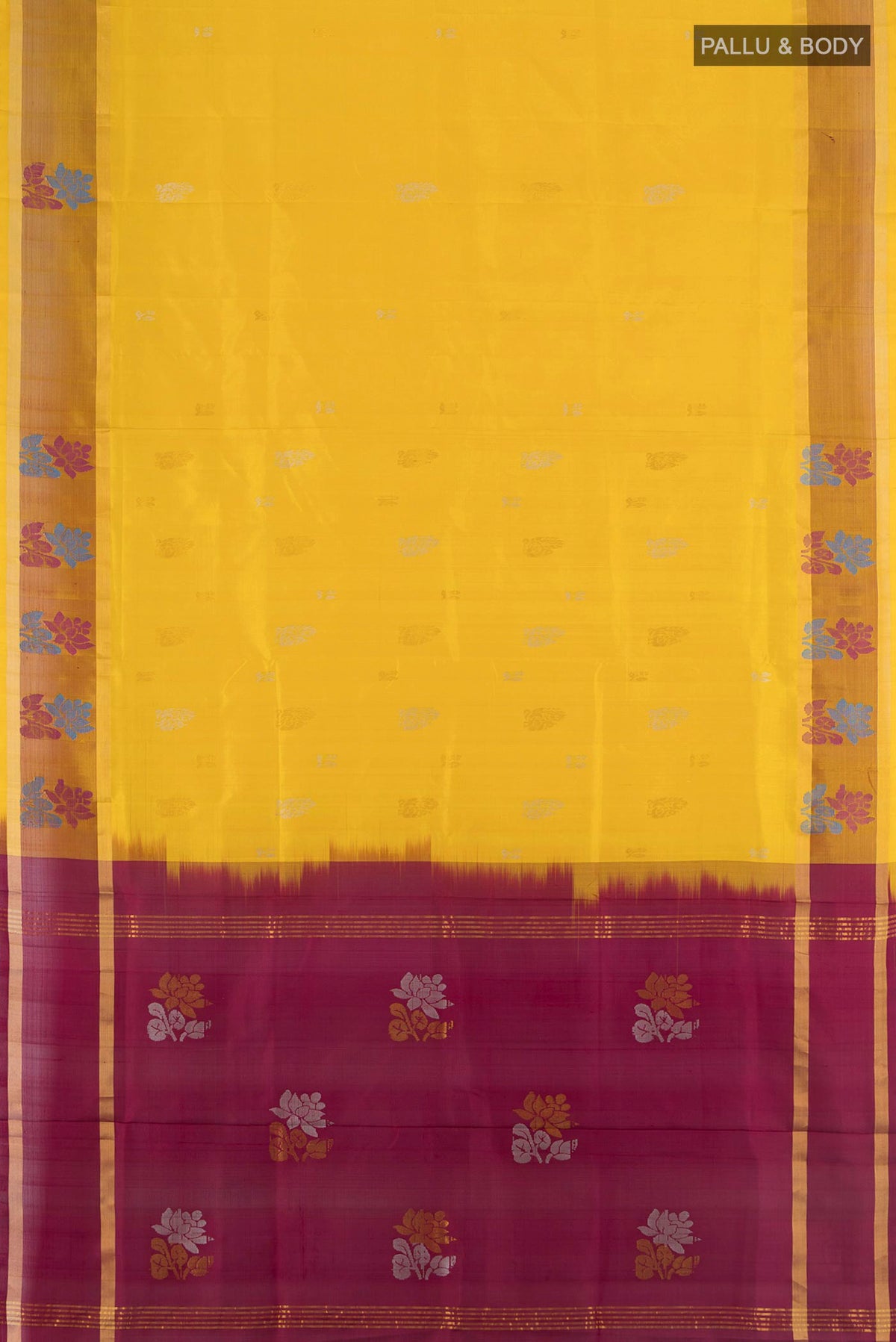 Flat view of Pure Silk Yellow Uppada Saree with Plain Body and Zari Border. 
