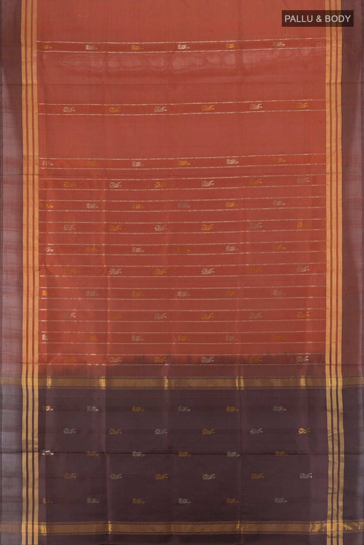 Flat view of Pure Silk Rust Uppada Saree with Zari Butta on the body and Zari Border. 