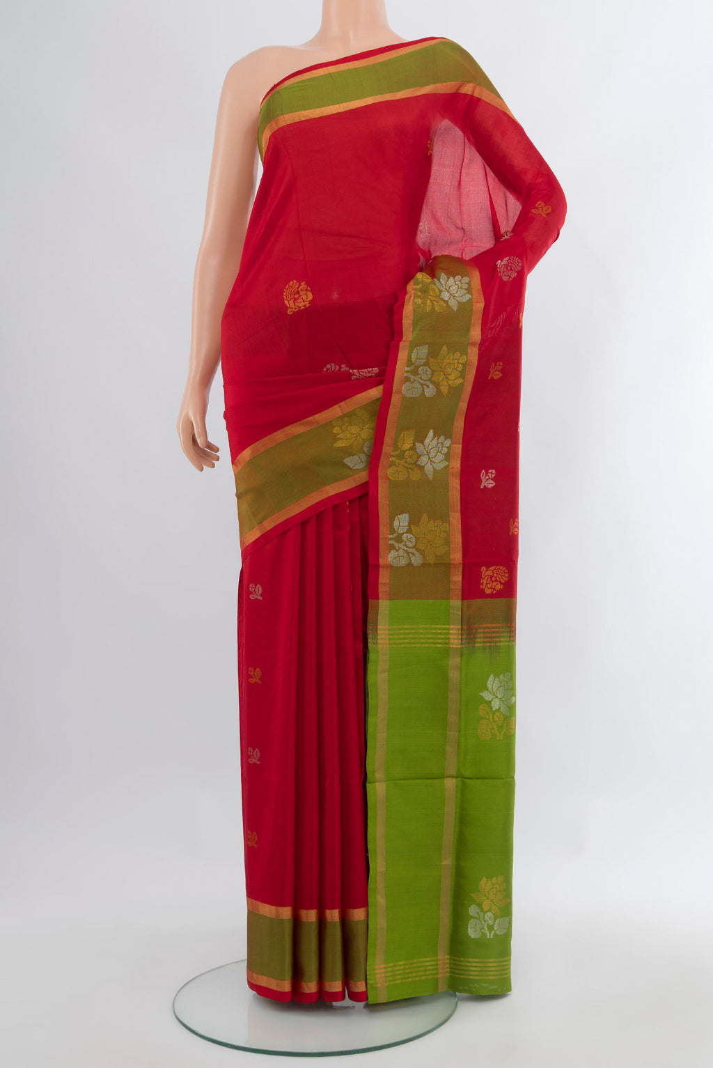 Red Uppada Silk Saree with Zari Butta on the body and Zari Border.  displayed on a mannequin