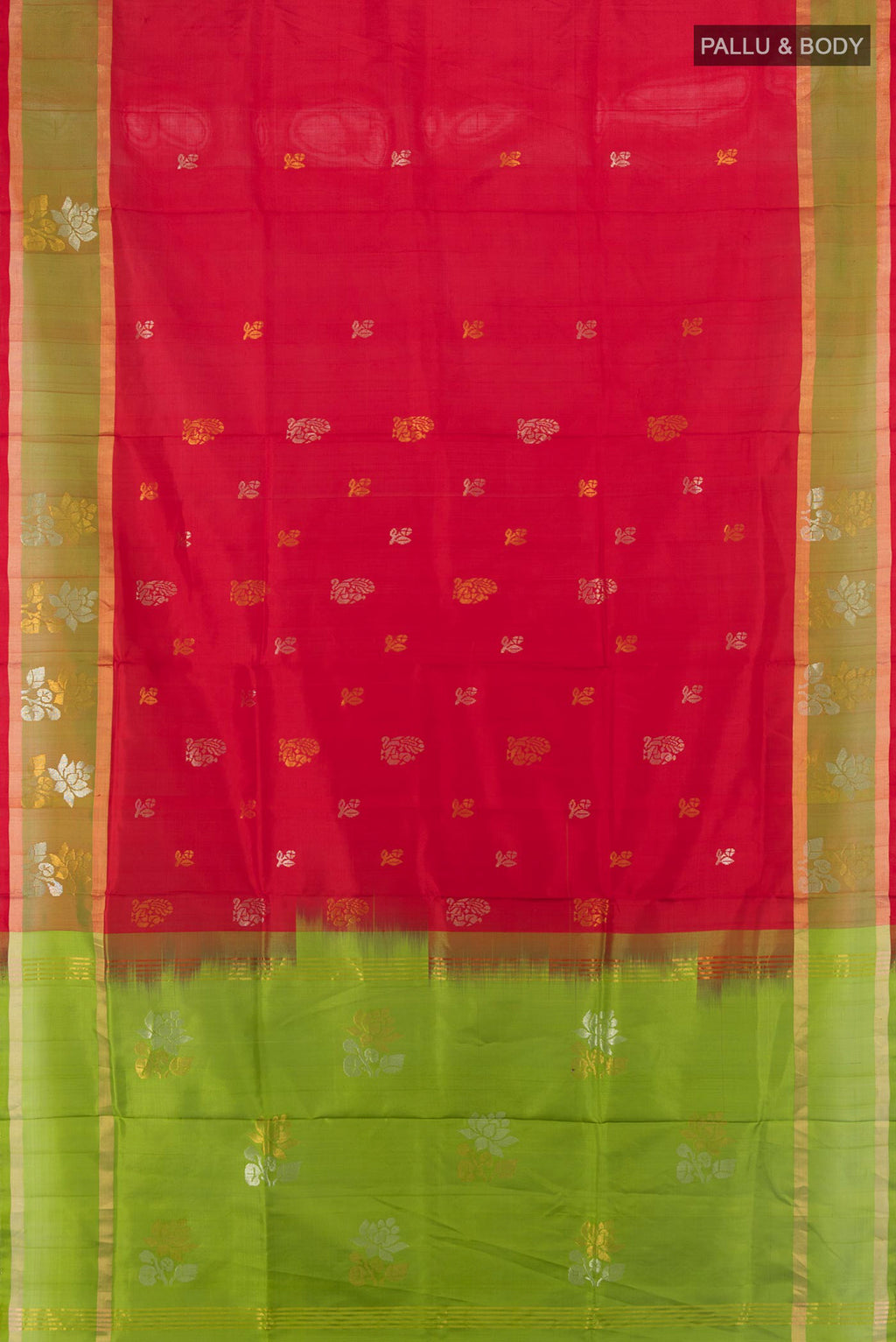 Flat view of Red Uppada Silk Saree with Zari Butta on the body and Zari Border. 