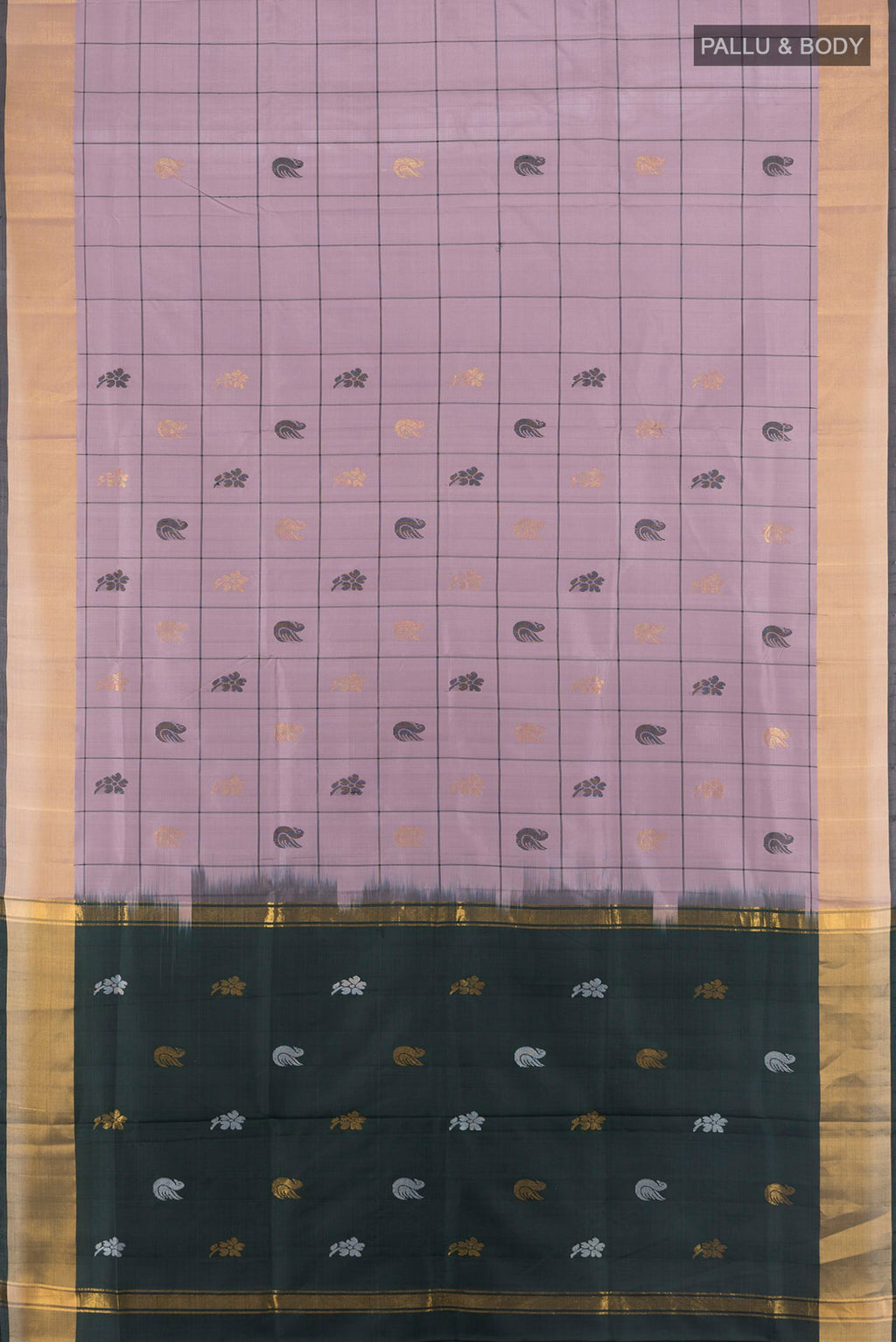 Flat view of Lavender Uppada Silk Saree with Checked design on the body and Zari Border. 