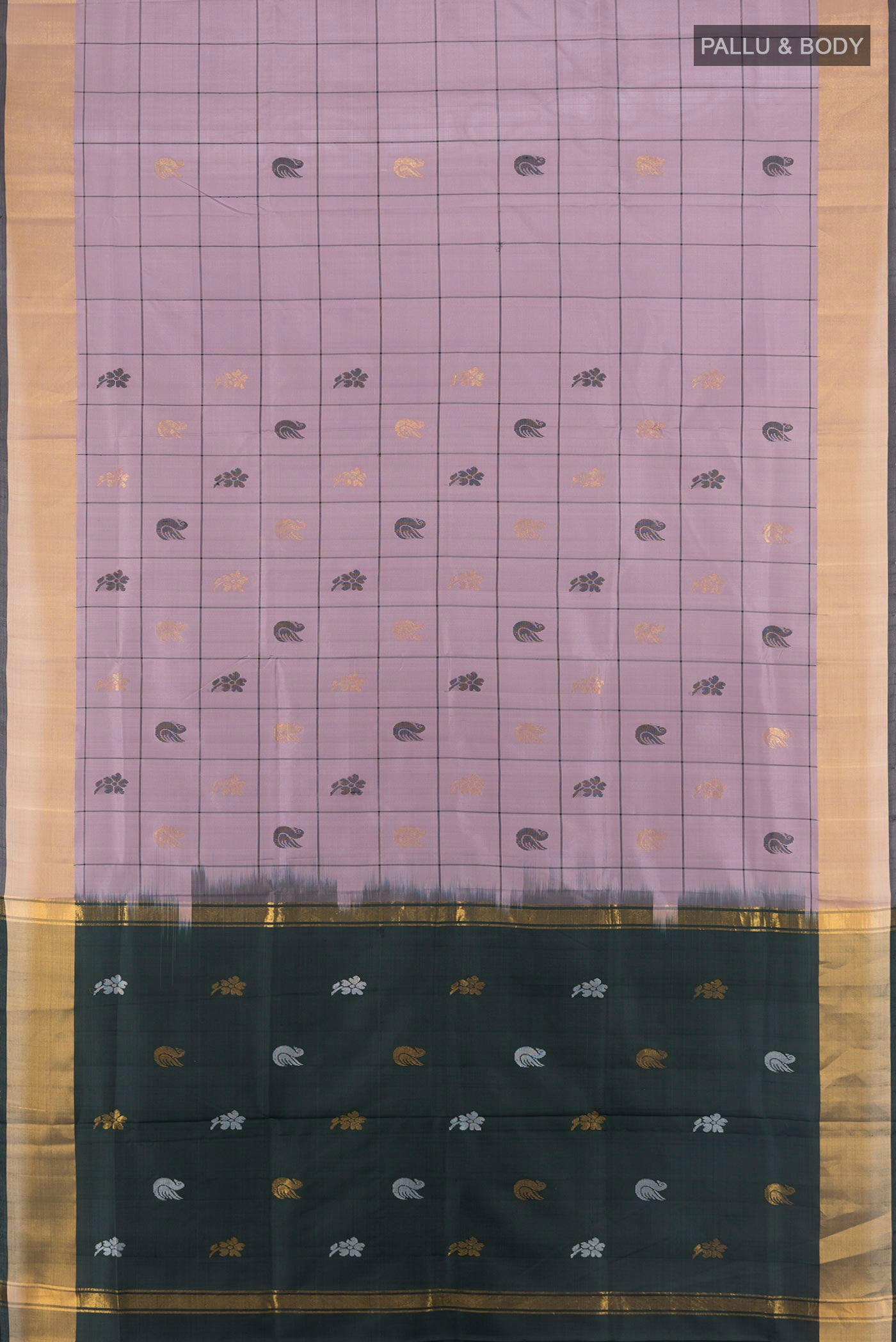 Flat view of Lavender Uppada Silk Saree with Checked design on the body and Zari Border. 