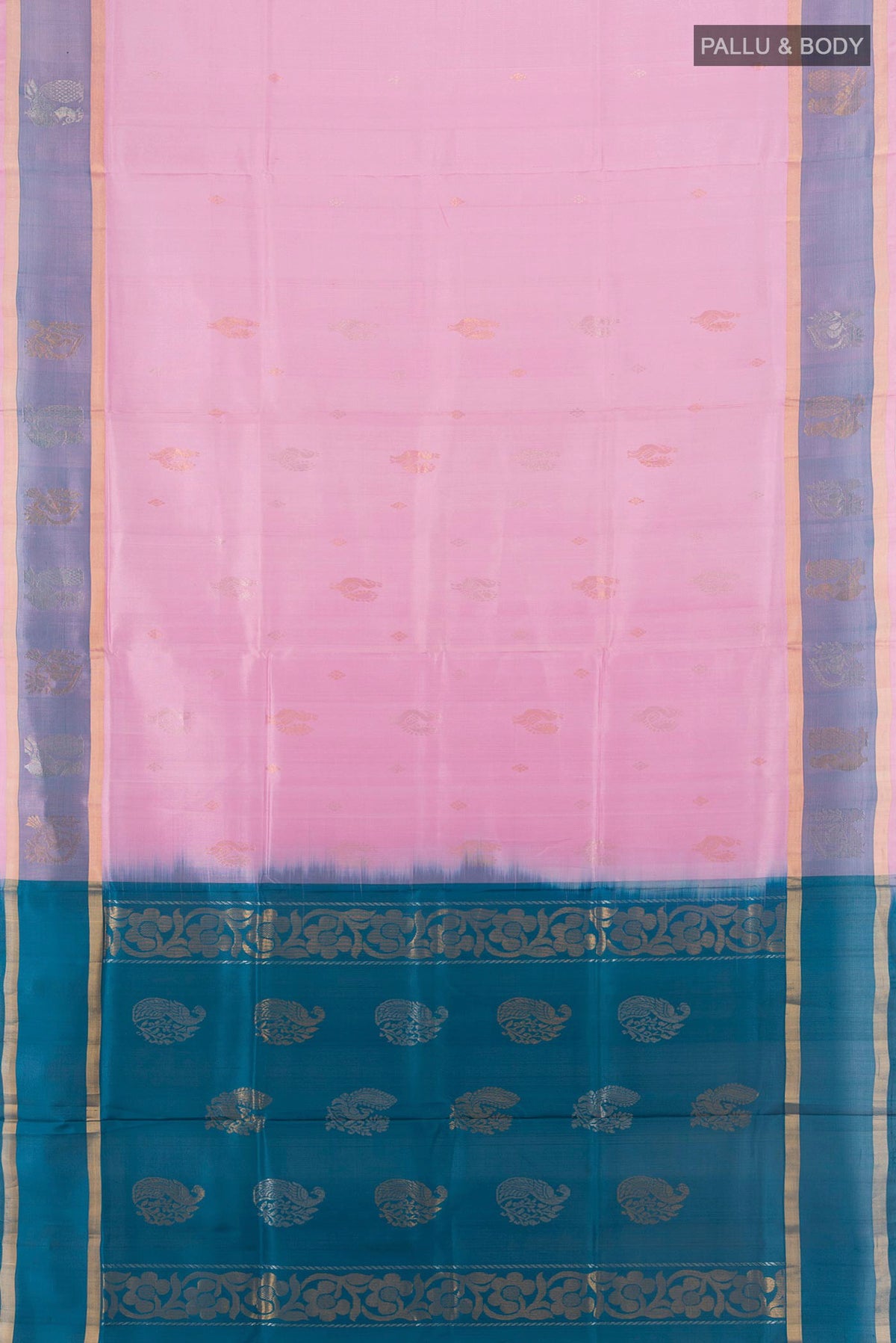 Flat view of Pure Silk Rose pink Uppada Saree with Zari Butta on the body and Plain Border. 
