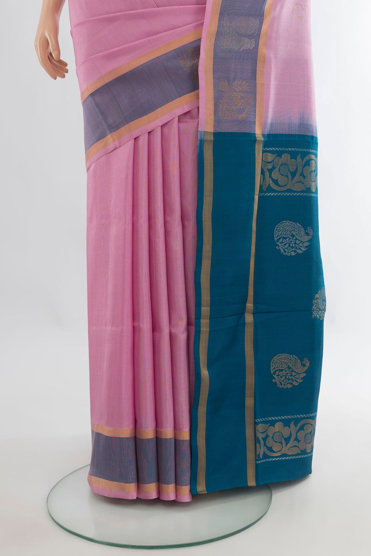 Pleats and pallu of Pure Silk Rose pink Uppada Saree with Zari Butta on the body and Plain Border. 