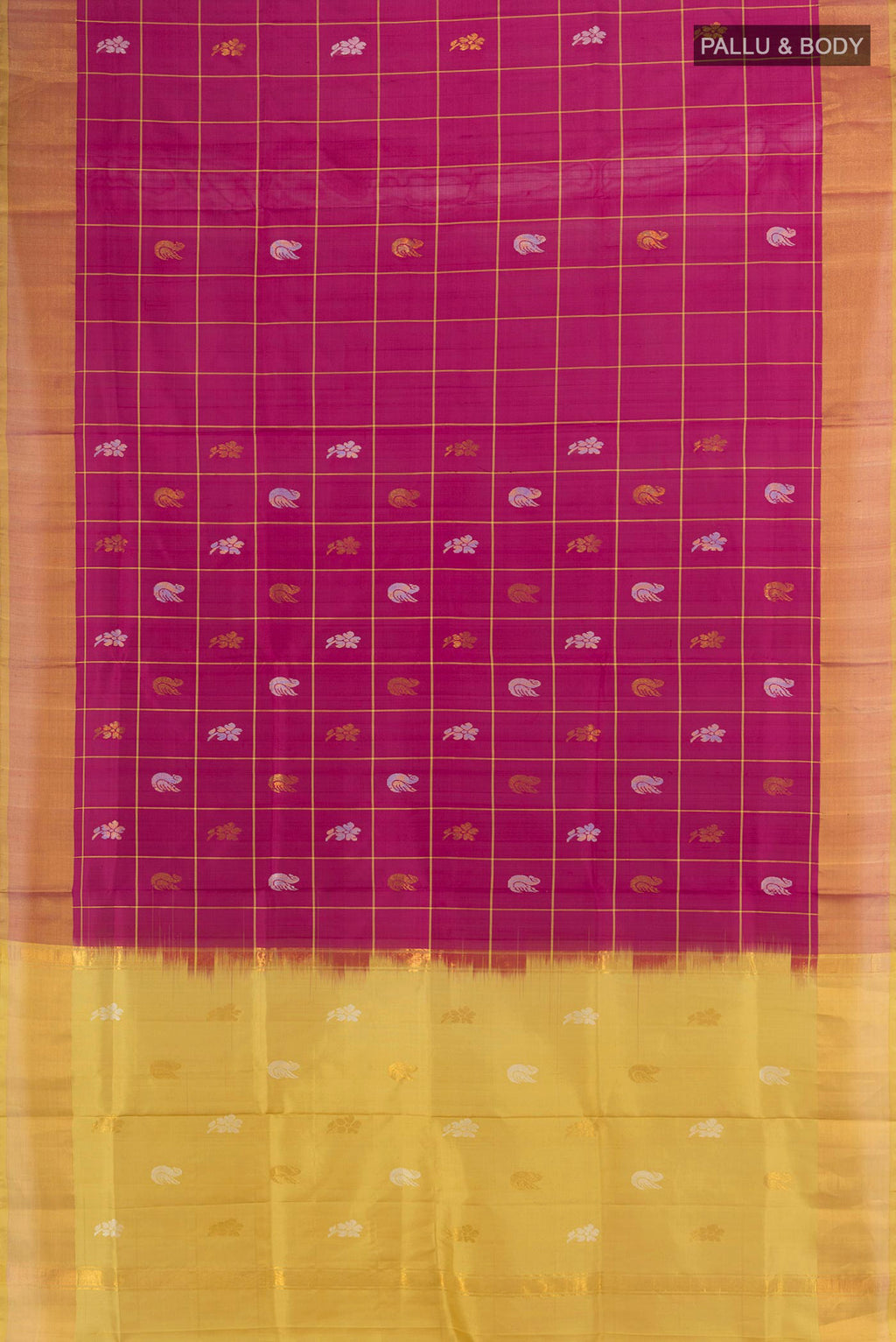 Flat view of Pure Silk Magenta Uppada Saree with Zari Butta on the body and Zari Border. 