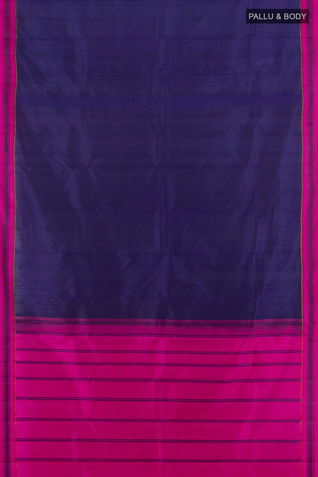 Flat view of Pure Silk Navy Blue Kanjivaram Saree with Plain Body and Thread Border. 