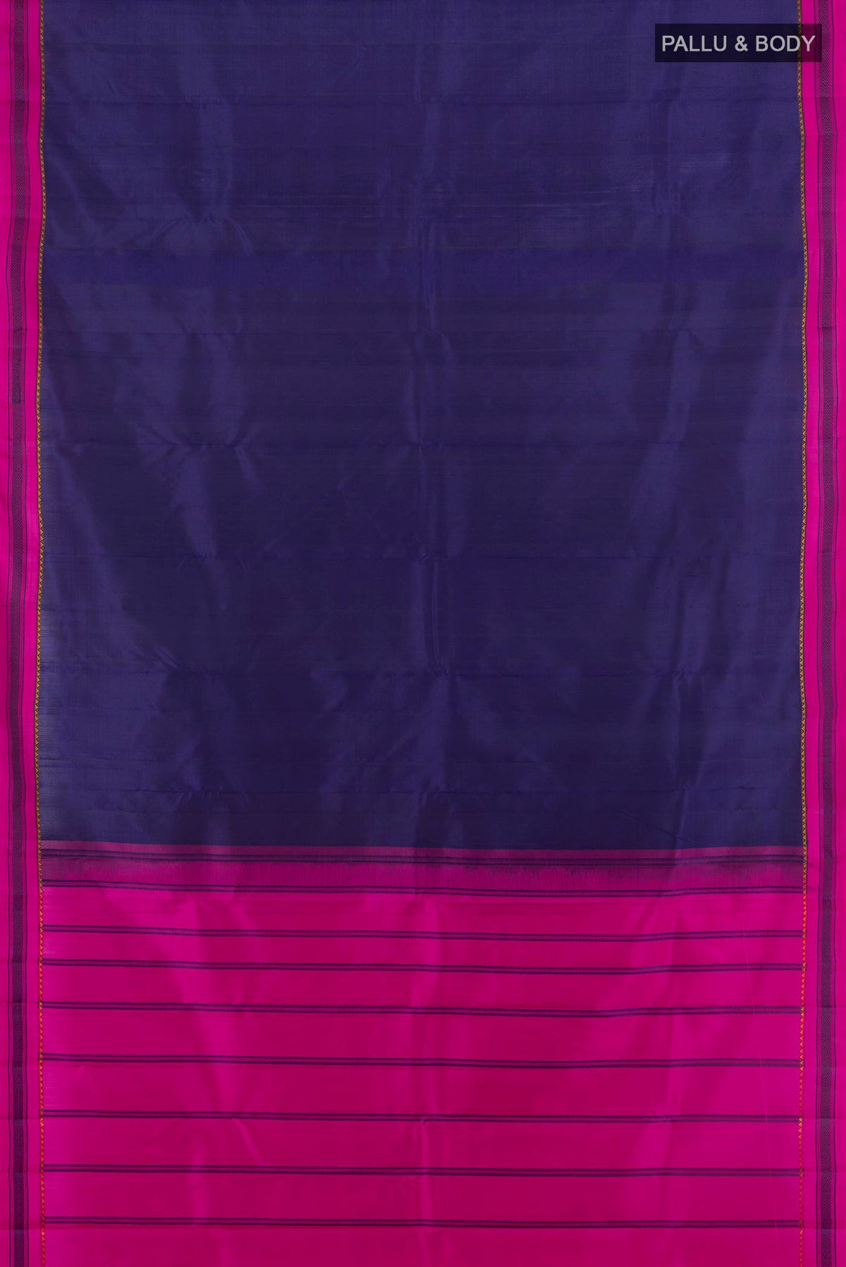 Flat view of Pure Silk Navy Blue Kanjivaram Saree with Plain Body and Thread Border. 
