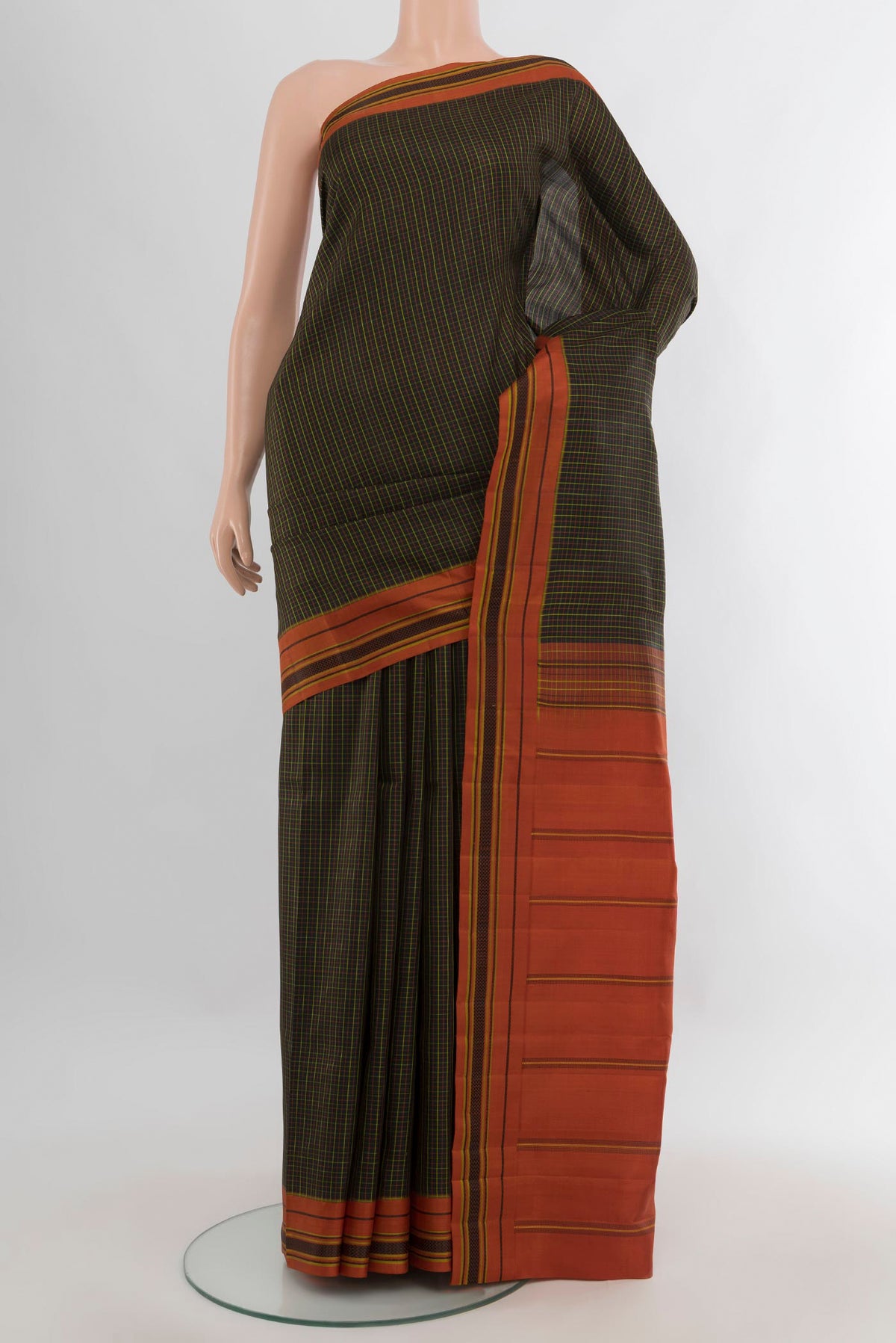 Pure Silk Black Kanjivaram Saree with Checked design on the body and Thread Border.  displayed on a mannequin