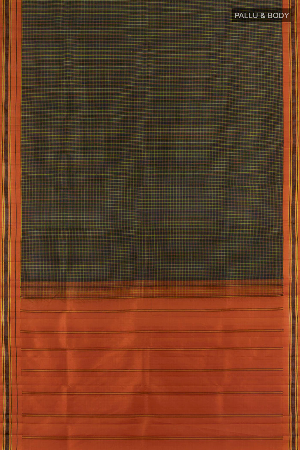 Flat view of Pure Silk Black Kanjivaram Saree with Checked design on the body and Thread Border. 