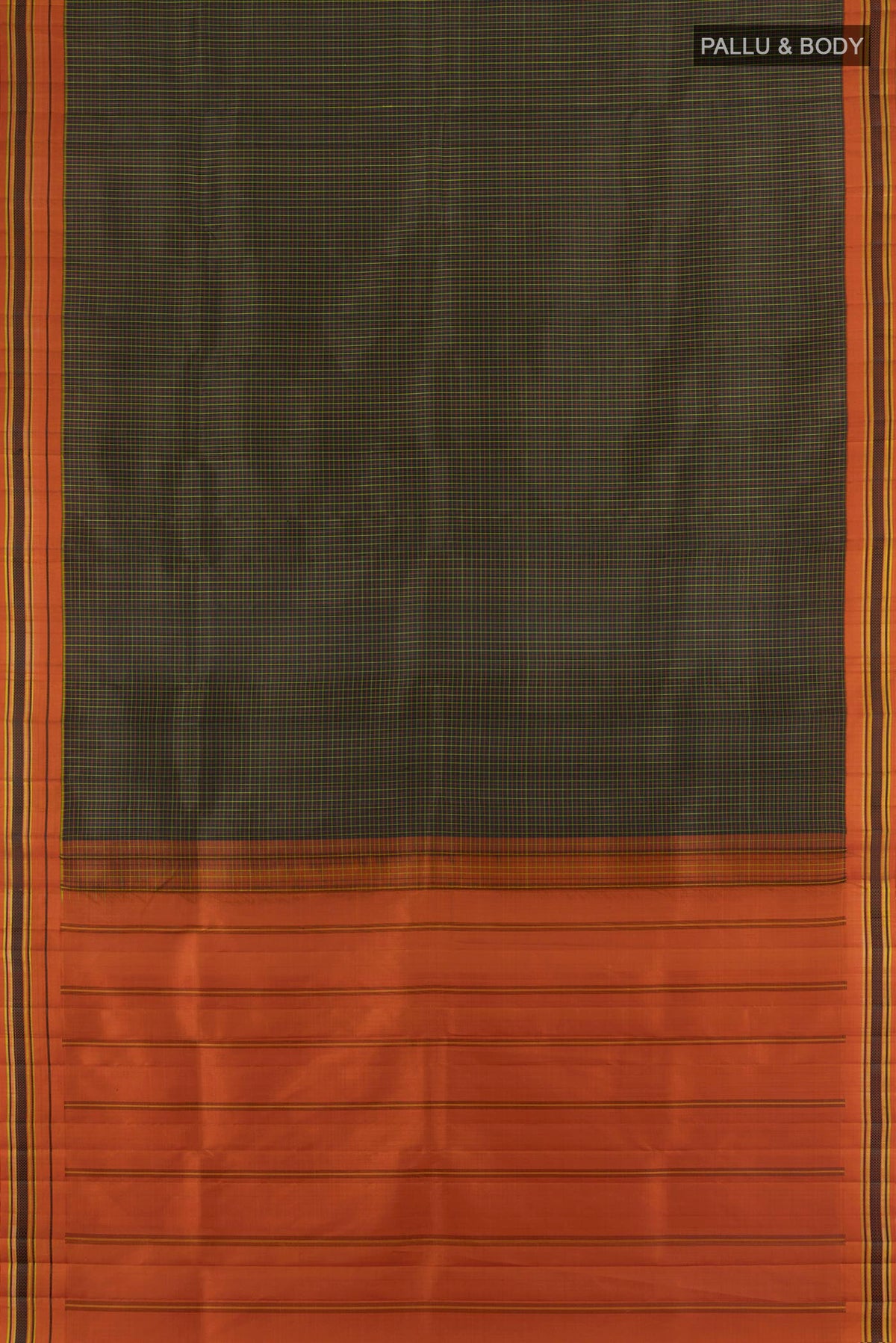 Flat view of Pure Silk Black Kanjivaram Saree with Checked design on the body and Thread Border. 