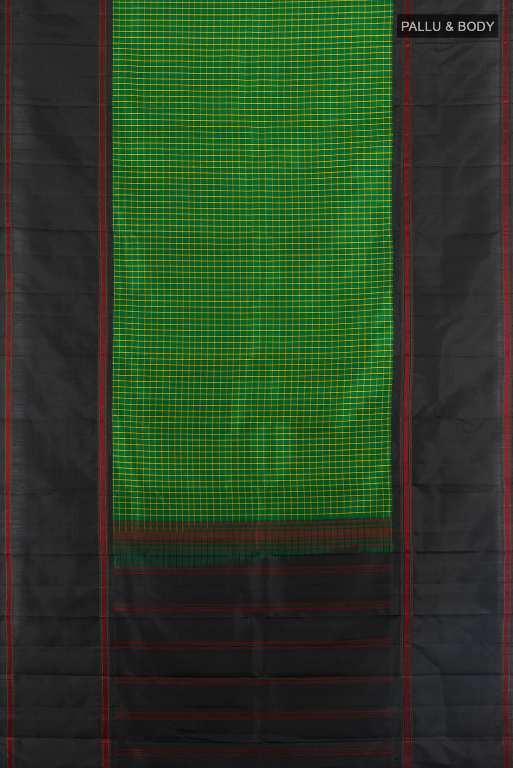 Flat view of Pure Silk Green Kanjivaram Saree with Checked design on the body and Plain Border. 