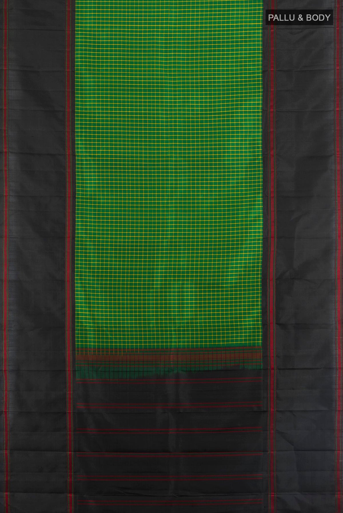 Flat view of Pure Silk Green Kanjivaram Saree with Checked design on the body and Plain Border. 