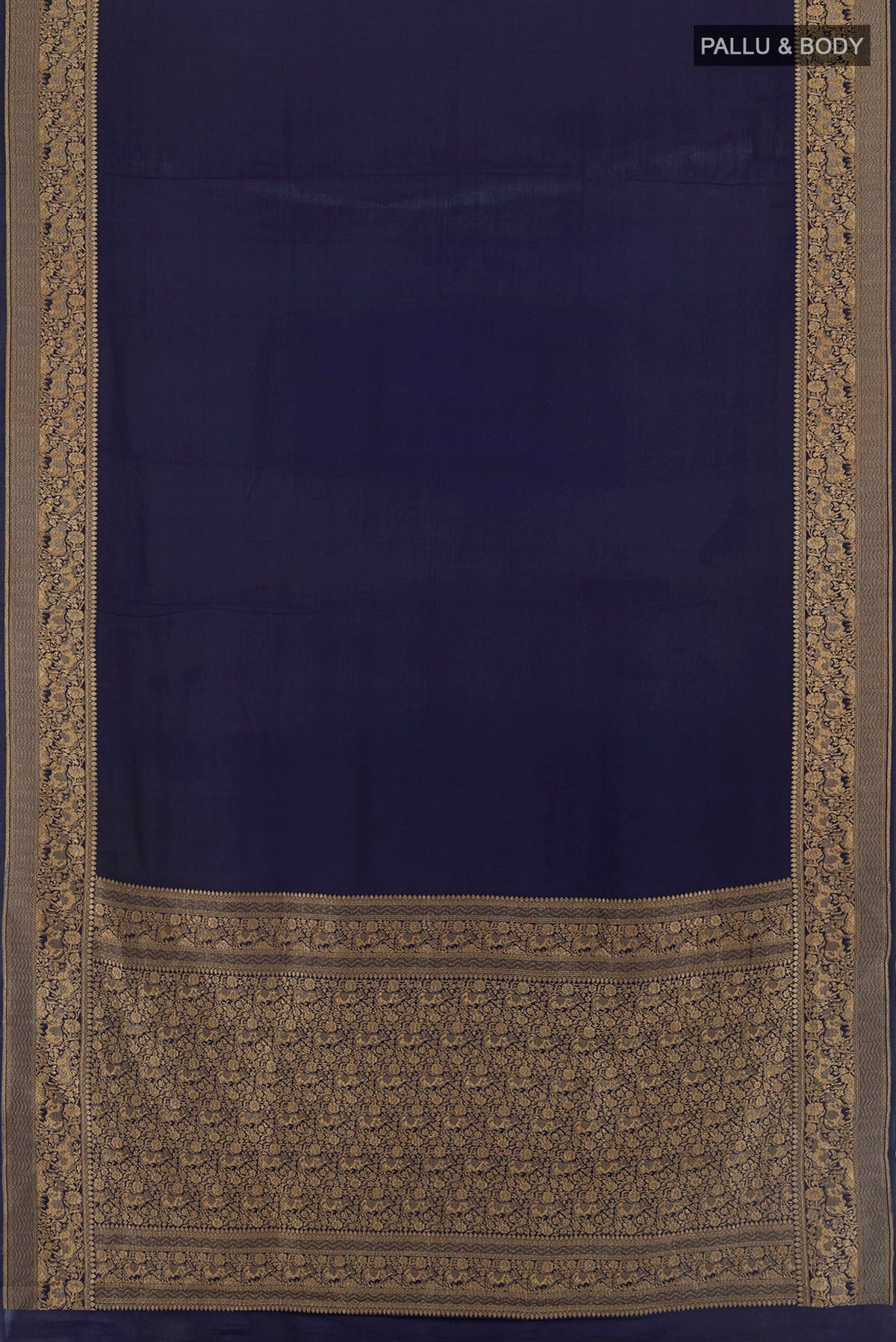Flat view of Navy Blue Banarasi Georgette Saree with Plain Body and Zari Border. 