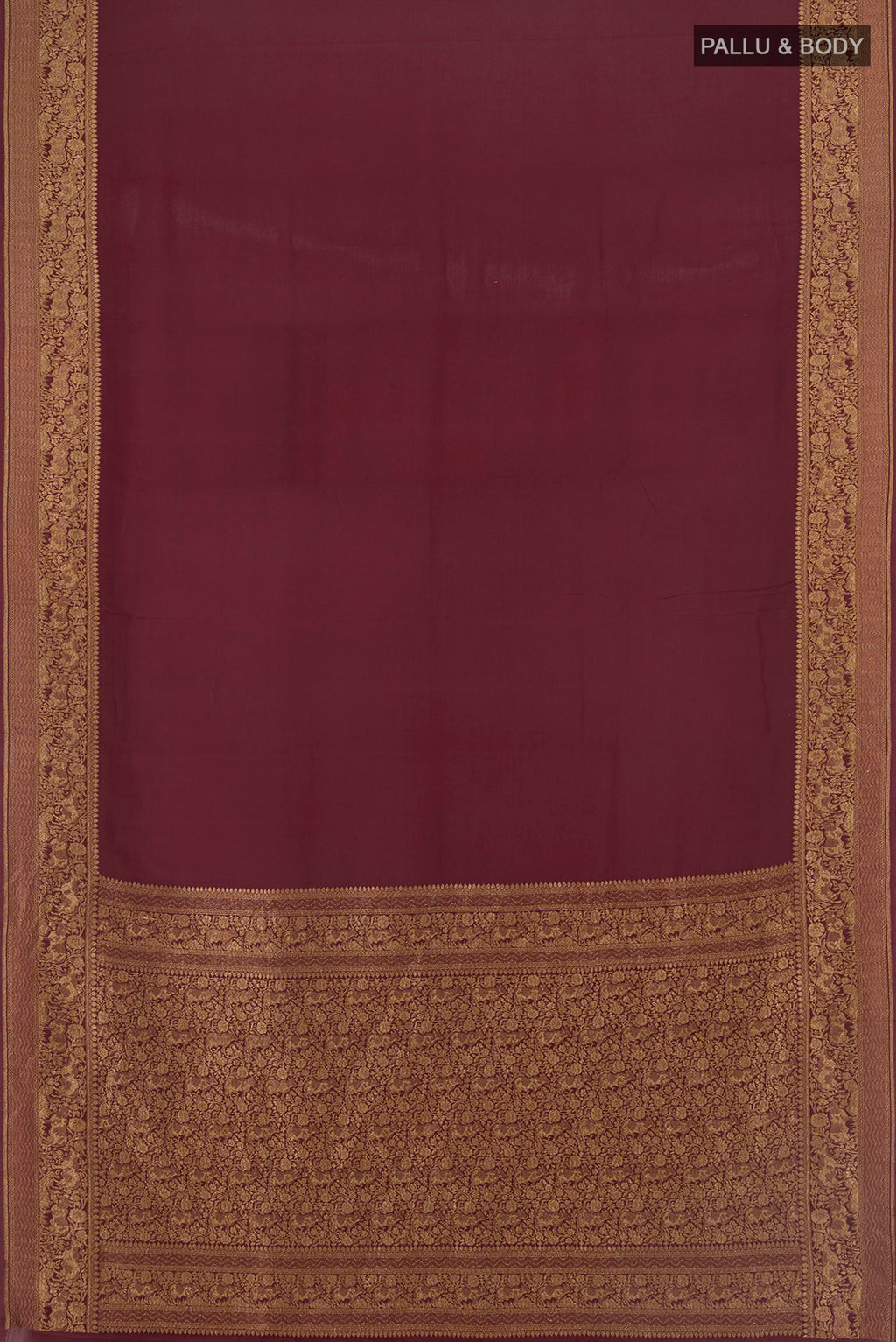 Flat view of Maroon Banarasi Georgette Saree with Plain Body and Zari Border. 