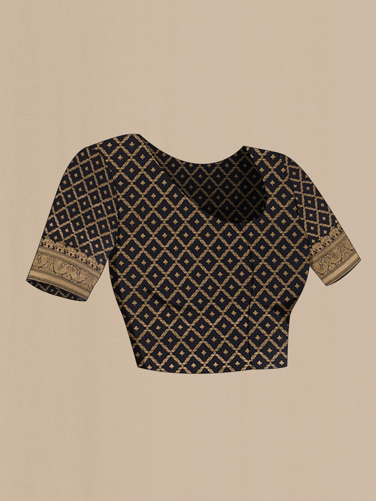 Close up image of the blouse of Black Banarasi Georgette Saree with Plain Body and Zari Border. 
