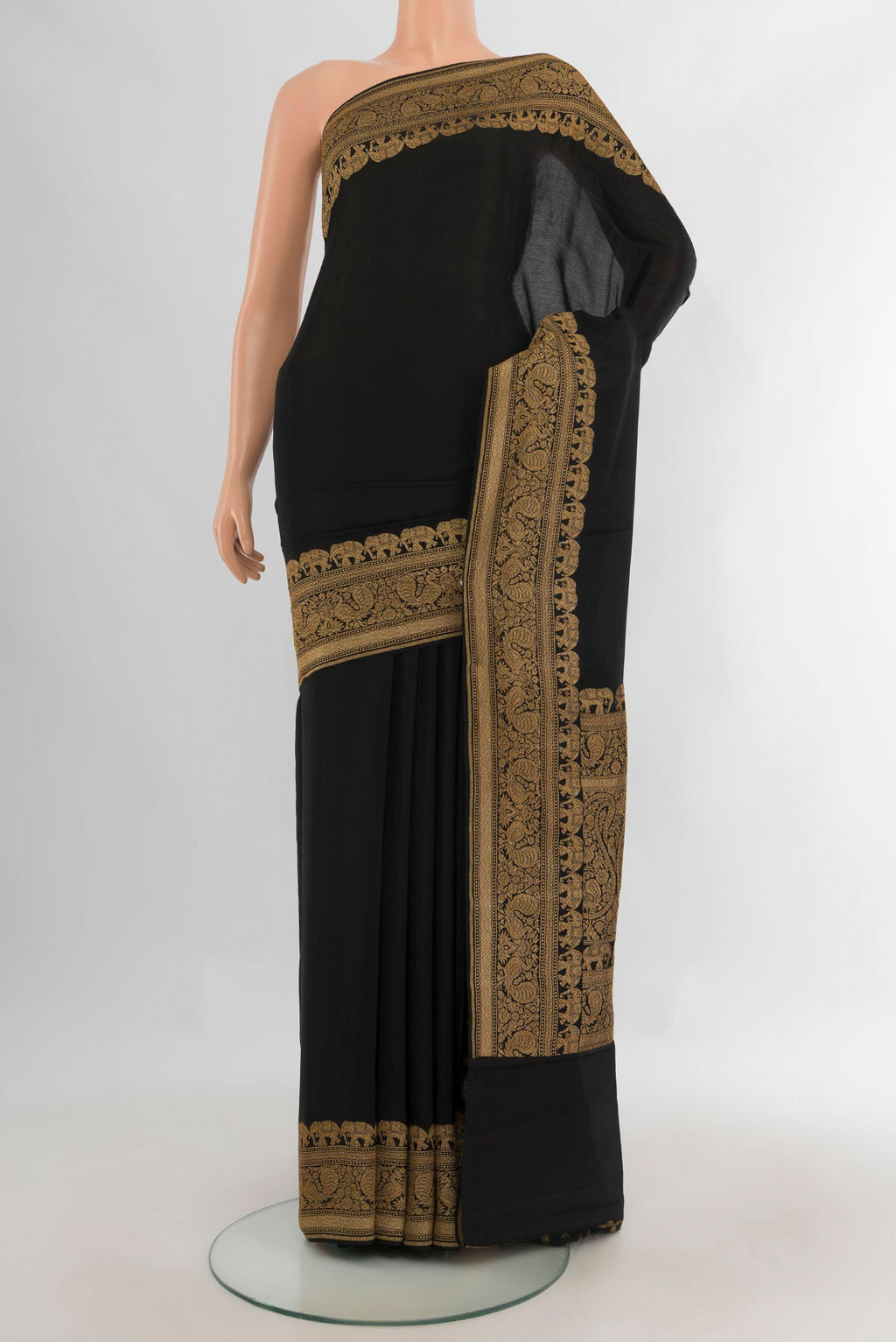Black Banarasi Georgette Saree with Plain Body and Zari Border.  displayed on a mannequin