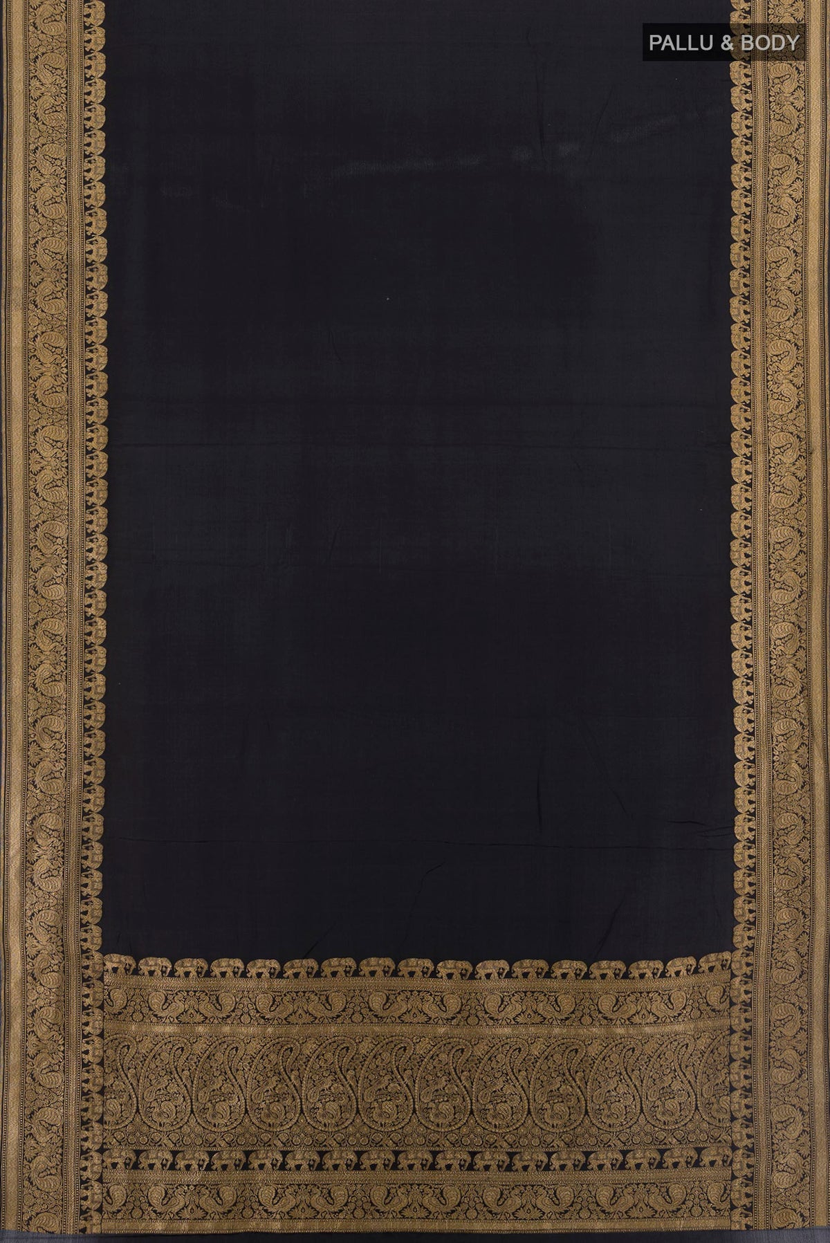 Flat view of Black Banarasi Georgette Saree with Plain Body and Zari Border. 