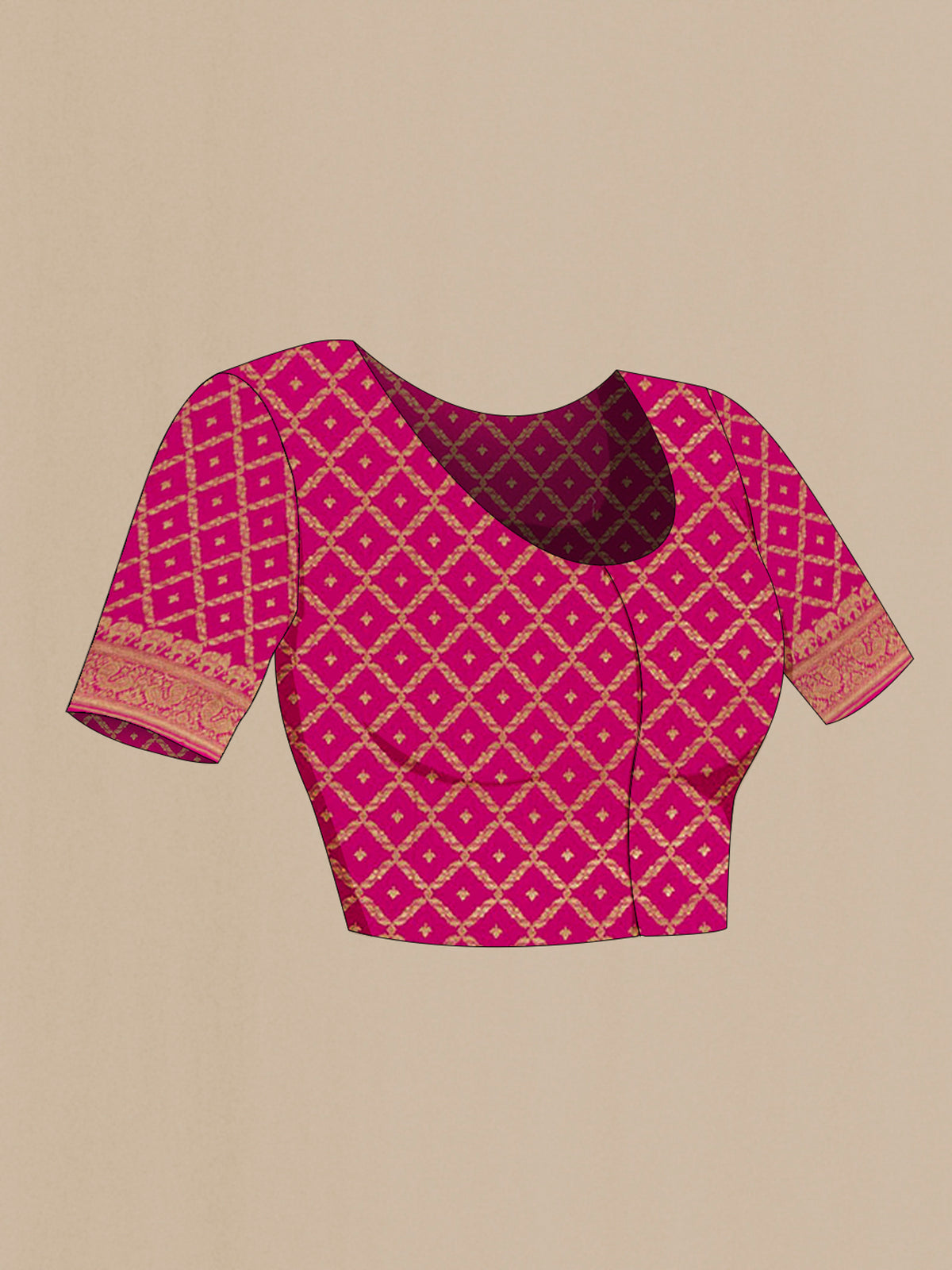 Close up image of the blouse of Magenta Banarasi Georgette Saree with Plain Body and Zari Border. 