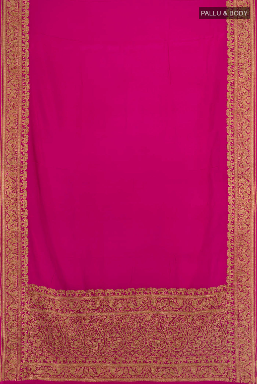 Flat view of Magenta Banarasi Georgette Saree with Plain Body and Zari Border. 