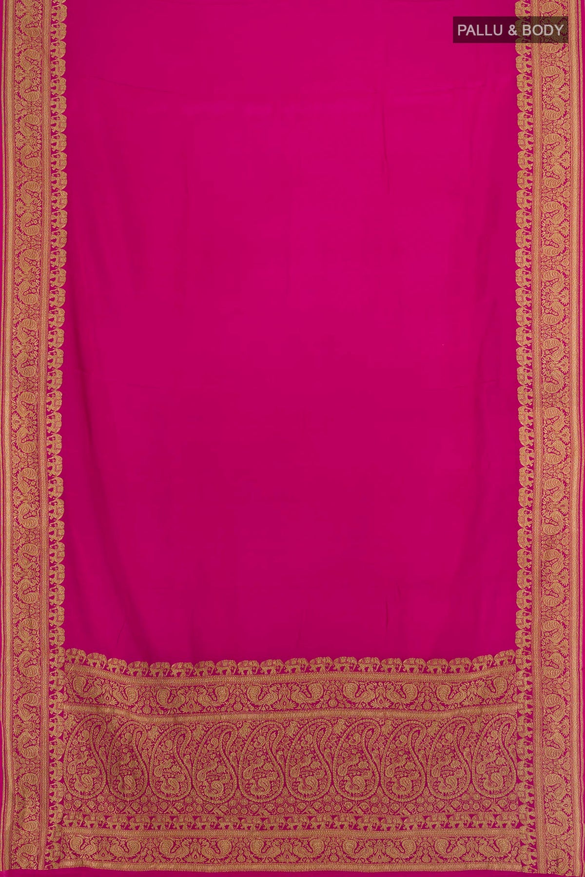 Flat view of Magenta Banarasi Georgette Saree with Plain Body and Zari Border. 