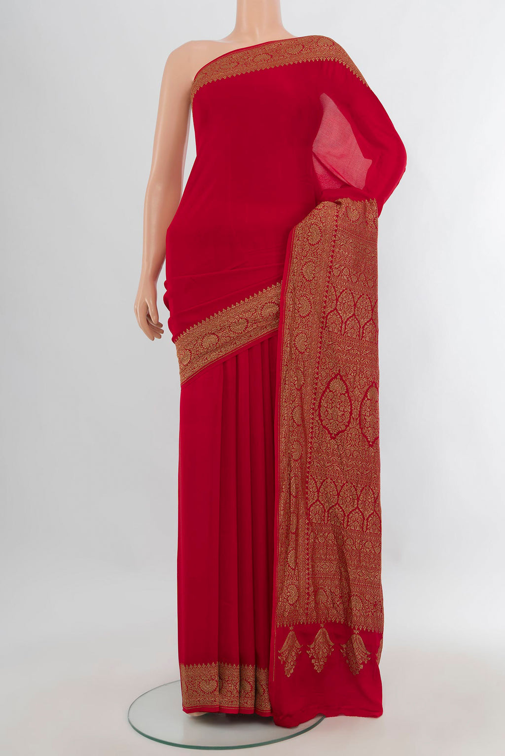 Red Banarasi Georgette Saree with Plain Body and Zari Border.  displayed on a mannequin