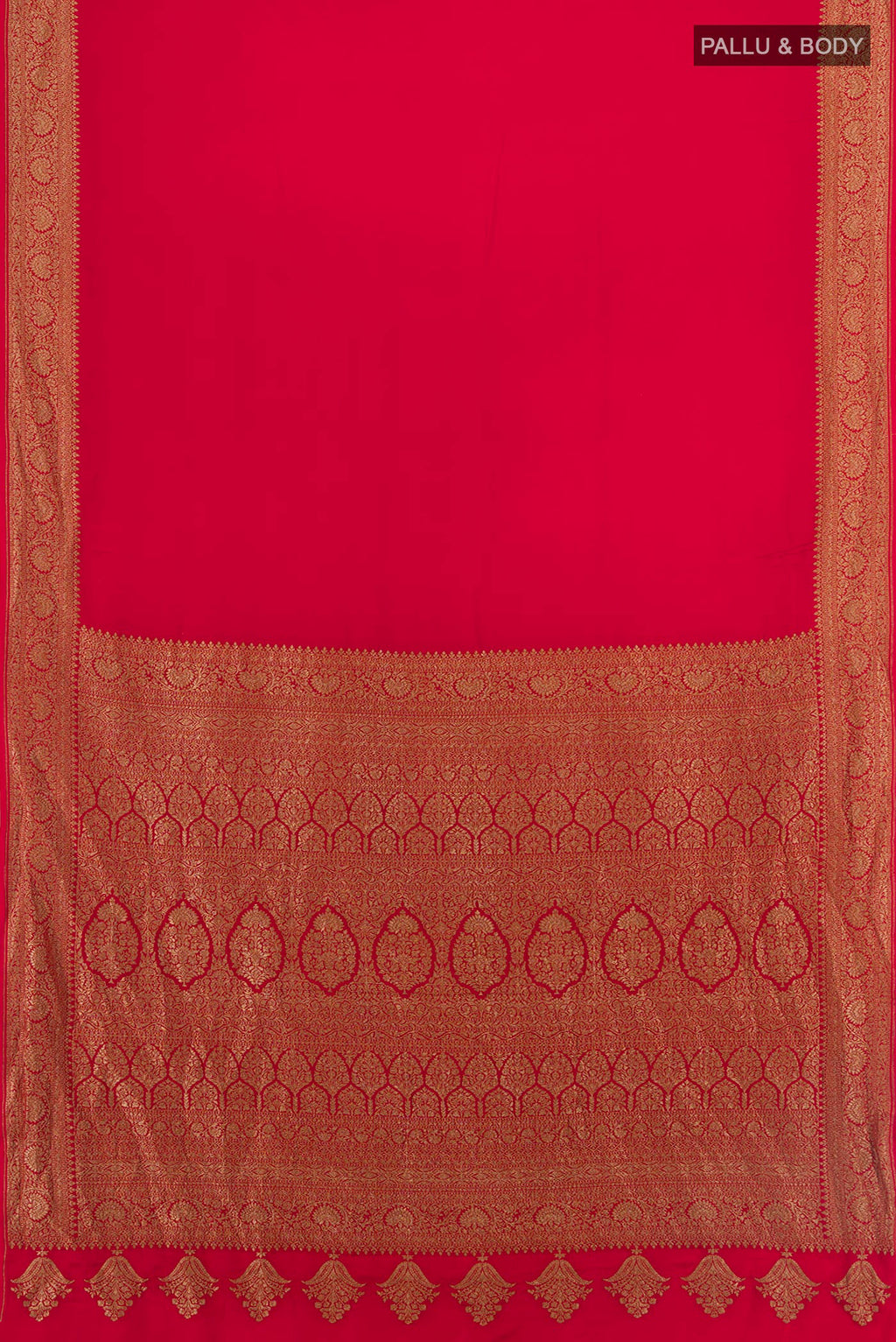 Flat view of Red Banarasi Georgette Saree with Plain Body and Zari Border. 
