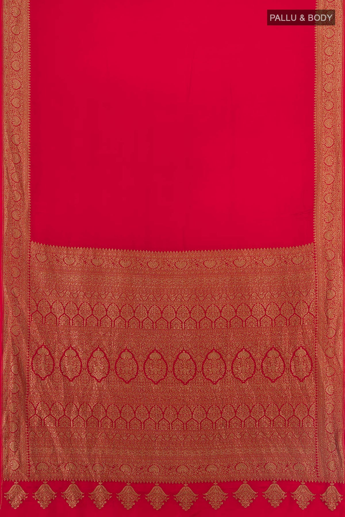 Flat view of Red Banarasi Georgette Saree with Plain Body and Zari Border. 