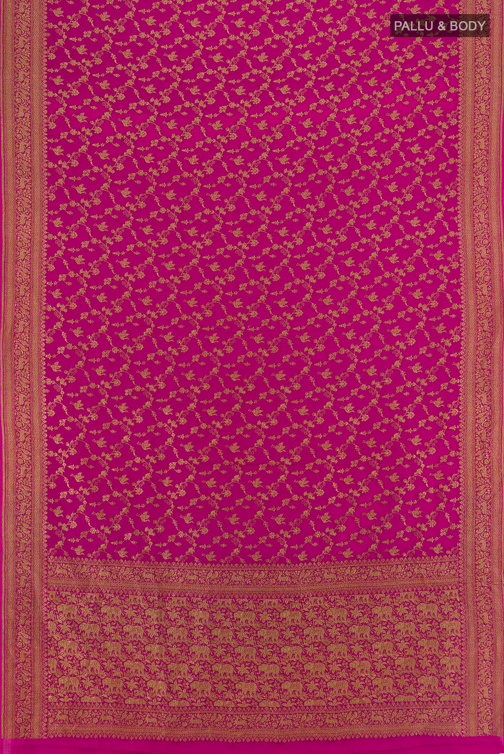 Flat view of Pink Banarasi Georgette Saree with Zari Brocade on the body and Zari Border. 