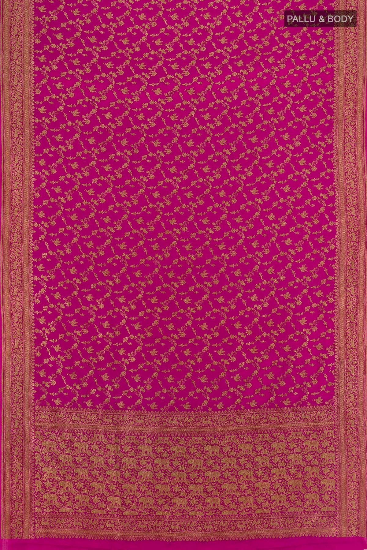 Flat view of Pink Banarasi Georgette Saree with Zari Brocade on the body and Zari Border. 