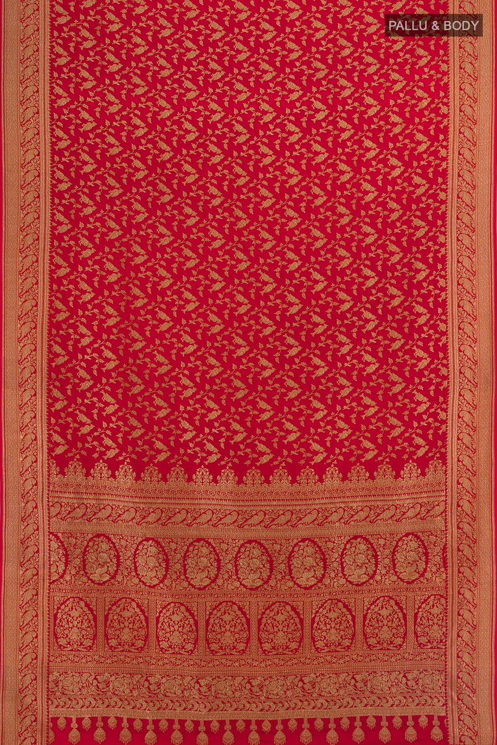 Flat view of Red Banarasi Georgette Saree with Zari Butta on the body and Zari Border. 
