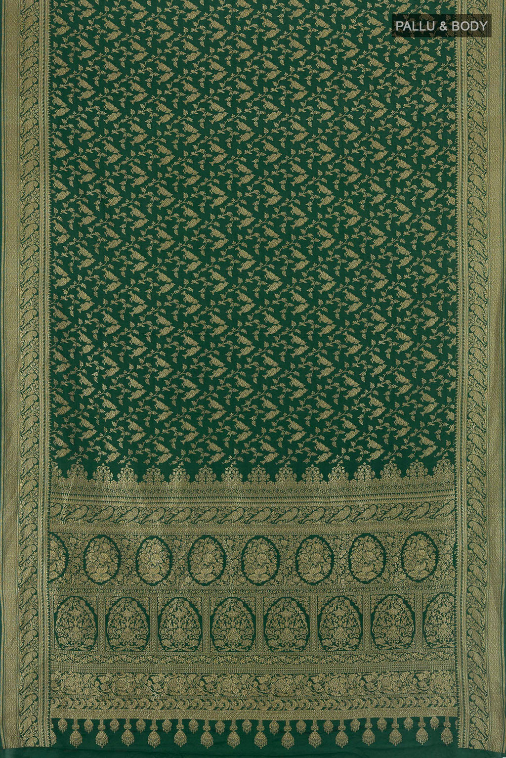 Flat view of Bottle Green Banarasi Georgette Saree with Zari Brocade on the body and Zari Border. 