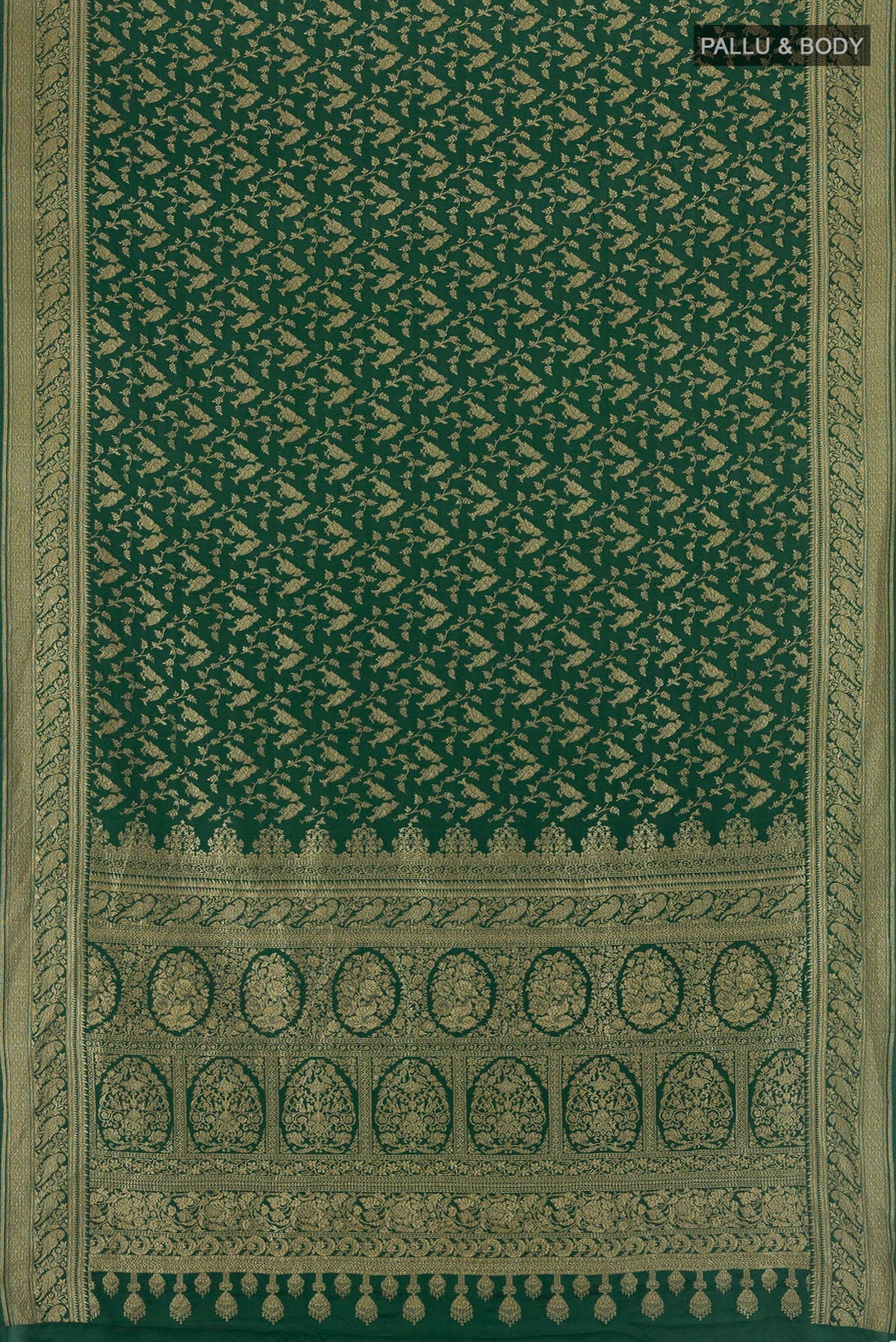 Flat view of Bottle Green Banarasi Georgette Saree with Zari Brocade on the body and Zari Border. 