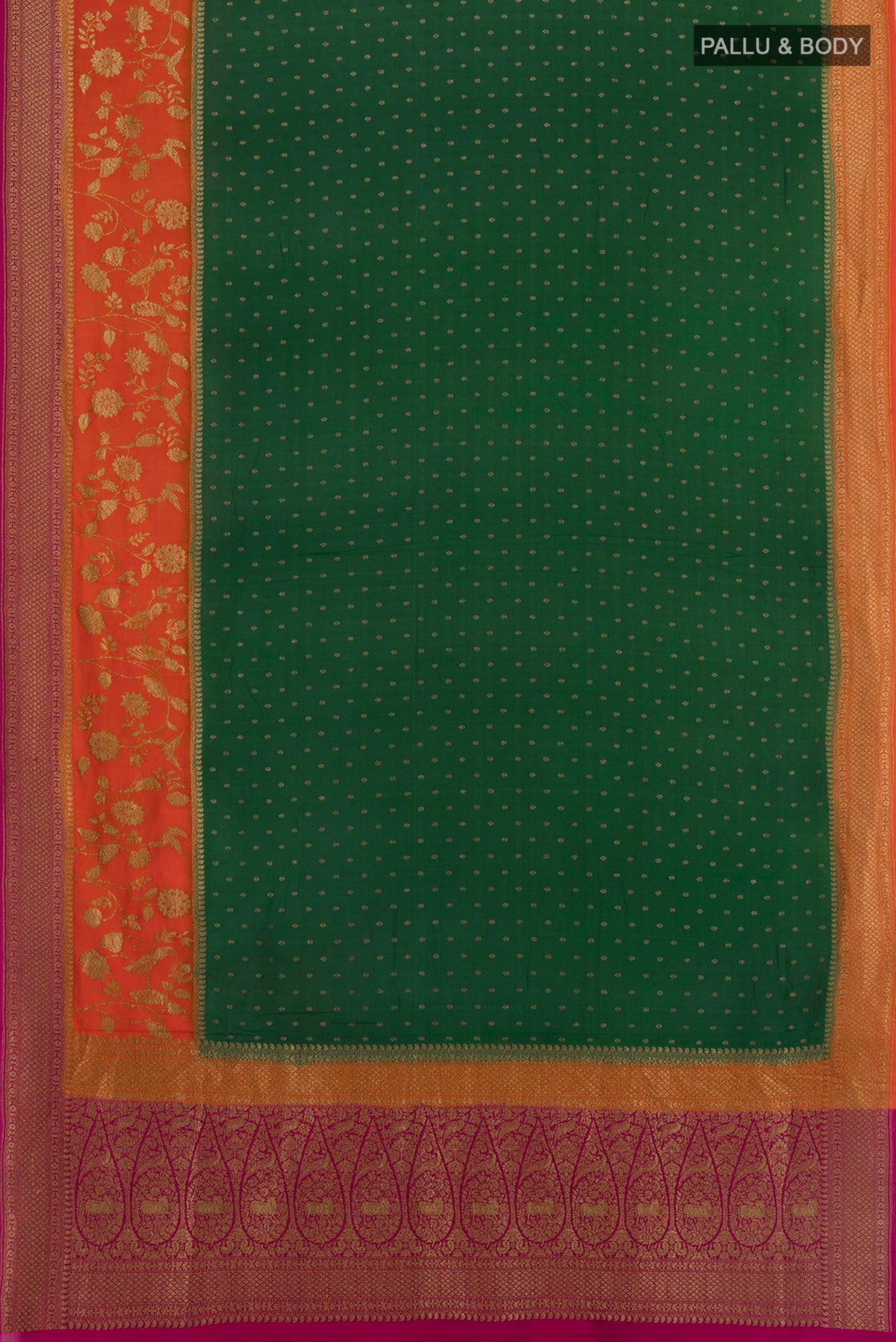 Flat view of Bottle Green Banarasi Georgette Saree with Zari Butta on the body and Zari Border. 