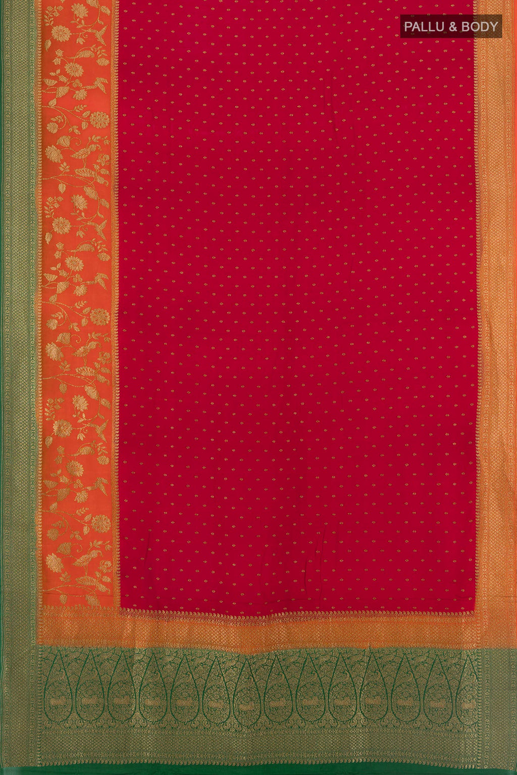 Flat view of Red Banarasi Georgette Saree with Zari Butta on the body and Zari Border. 