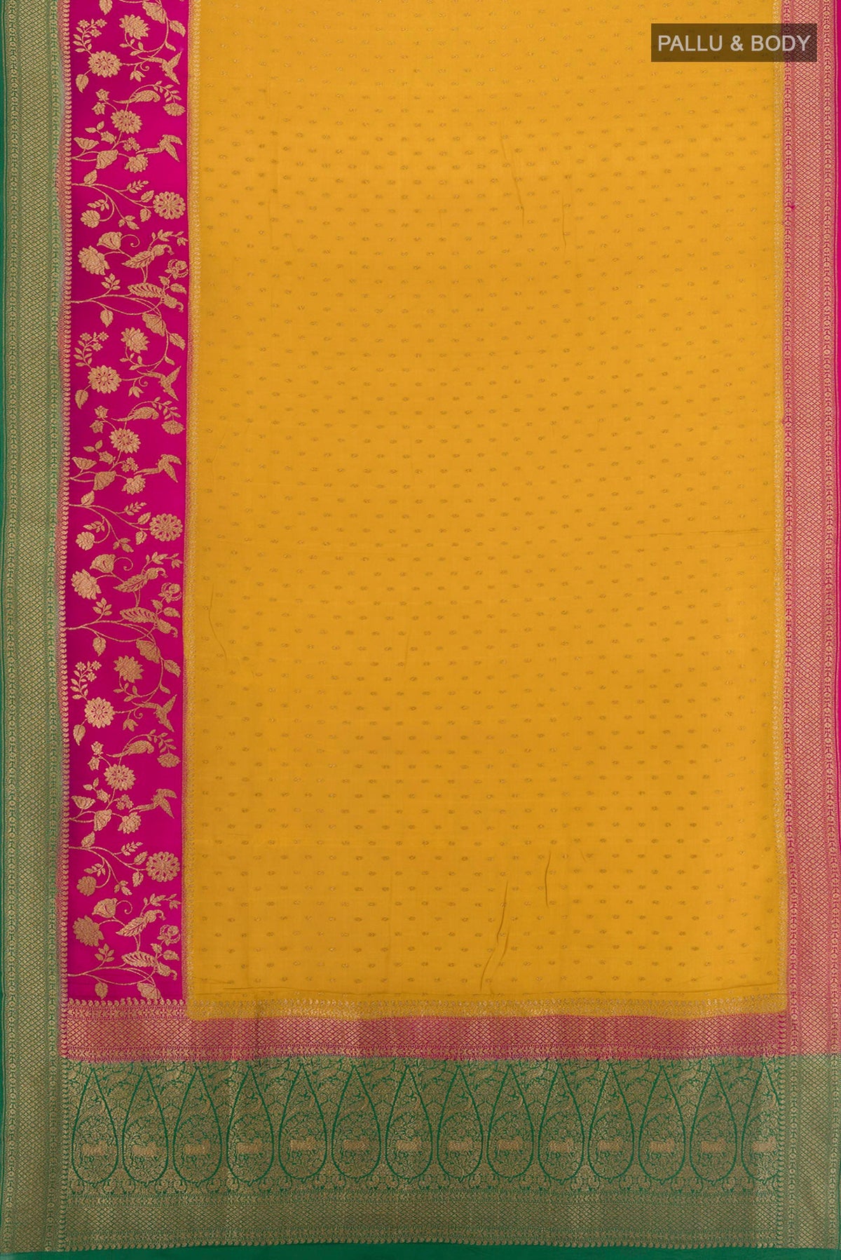 Flat view of Mustard Banarasi Georgette Saree with Zari Butta on the body and Zari Border. 