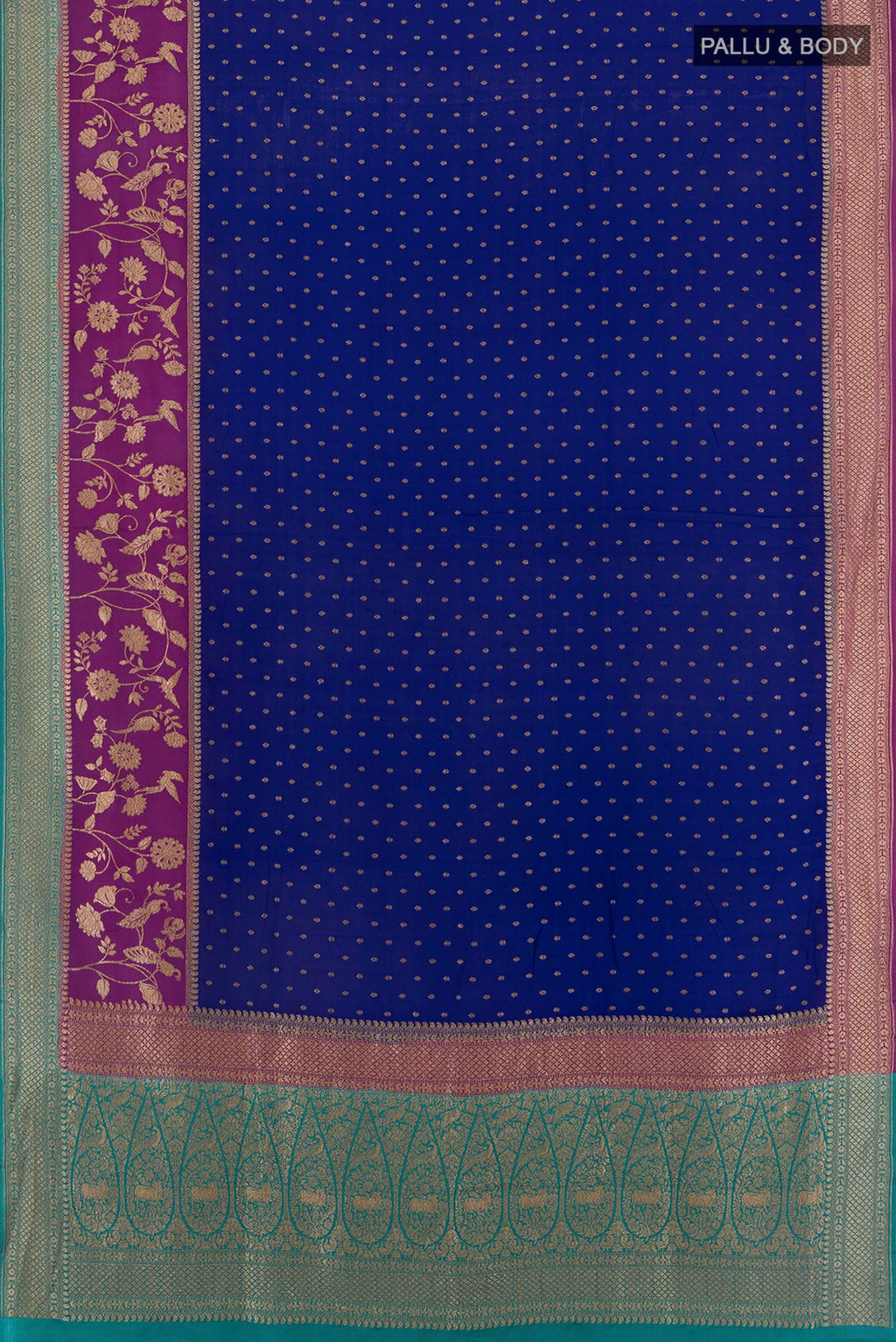 Flat view of Blue Banarasi Georgette Saree with Zari Butta on the body and Zari Border. 