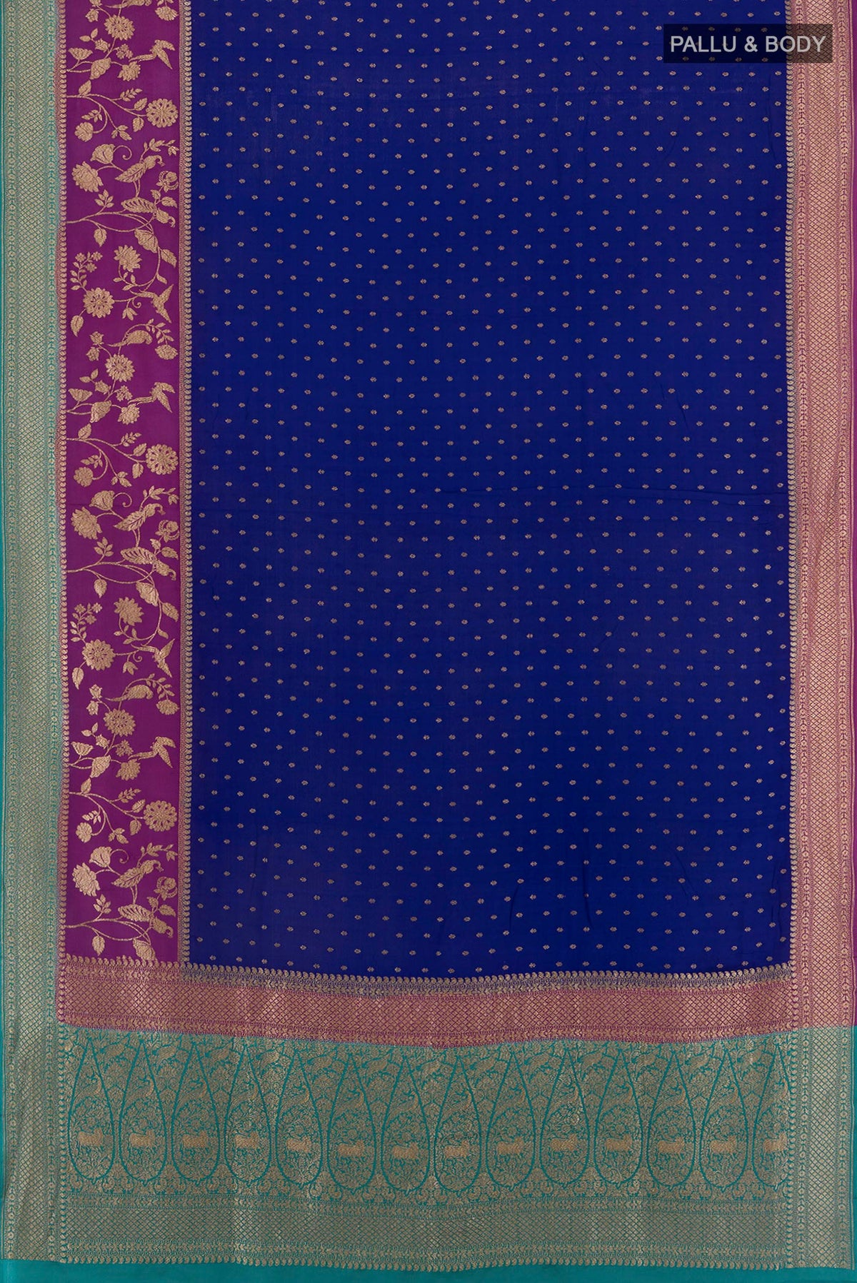 Flat view of Blue Banarasi Georgette Saree with Zari Butta on the body and Zari Border. 